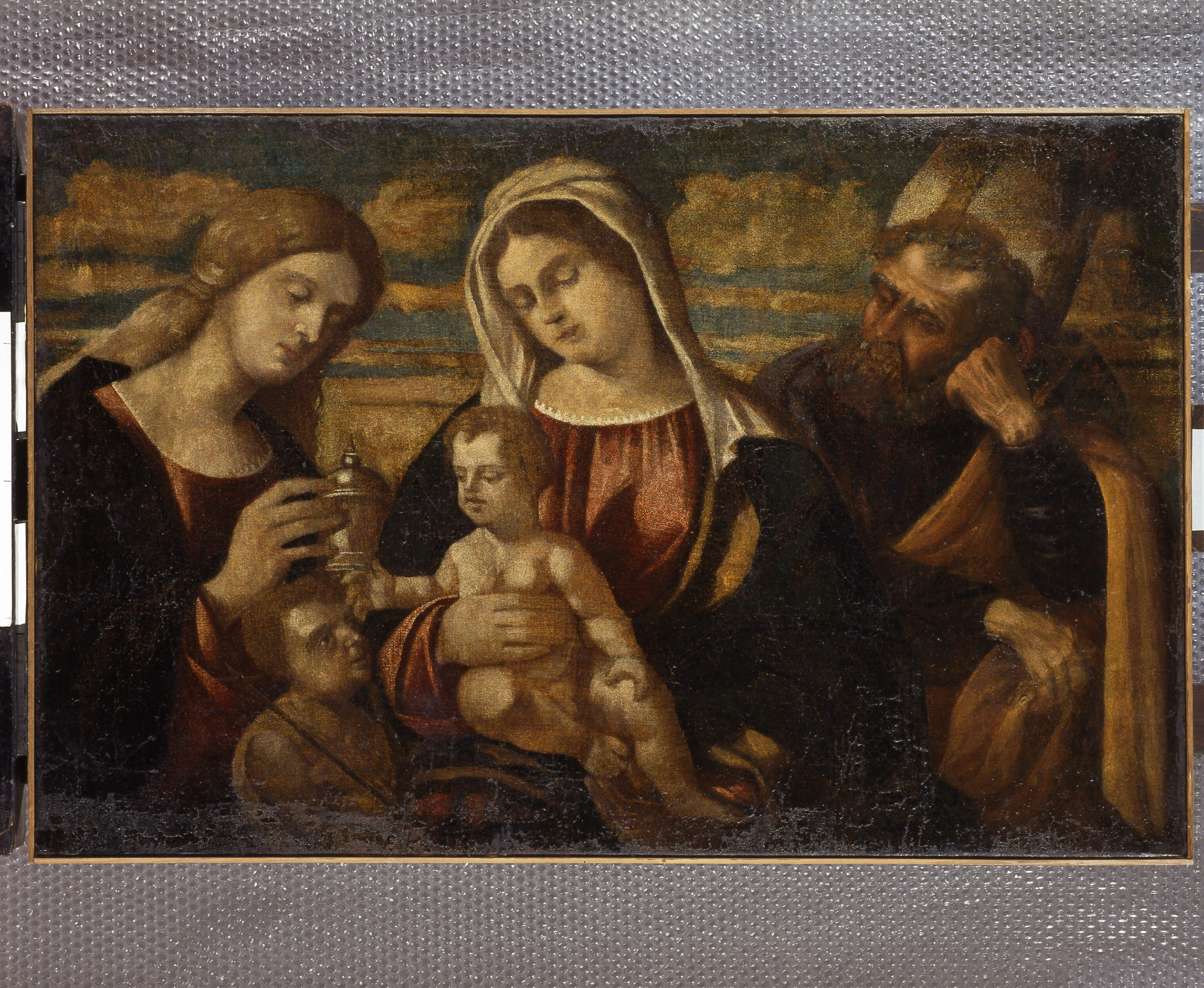 Sacra famiglia con san Giovannino e santa Maddalena, Sacra famiglia con san Giovannino e santa Maddalena (dipinto, opera isolata) di Rizzo Francesco da Santacroce (sec. XVI)