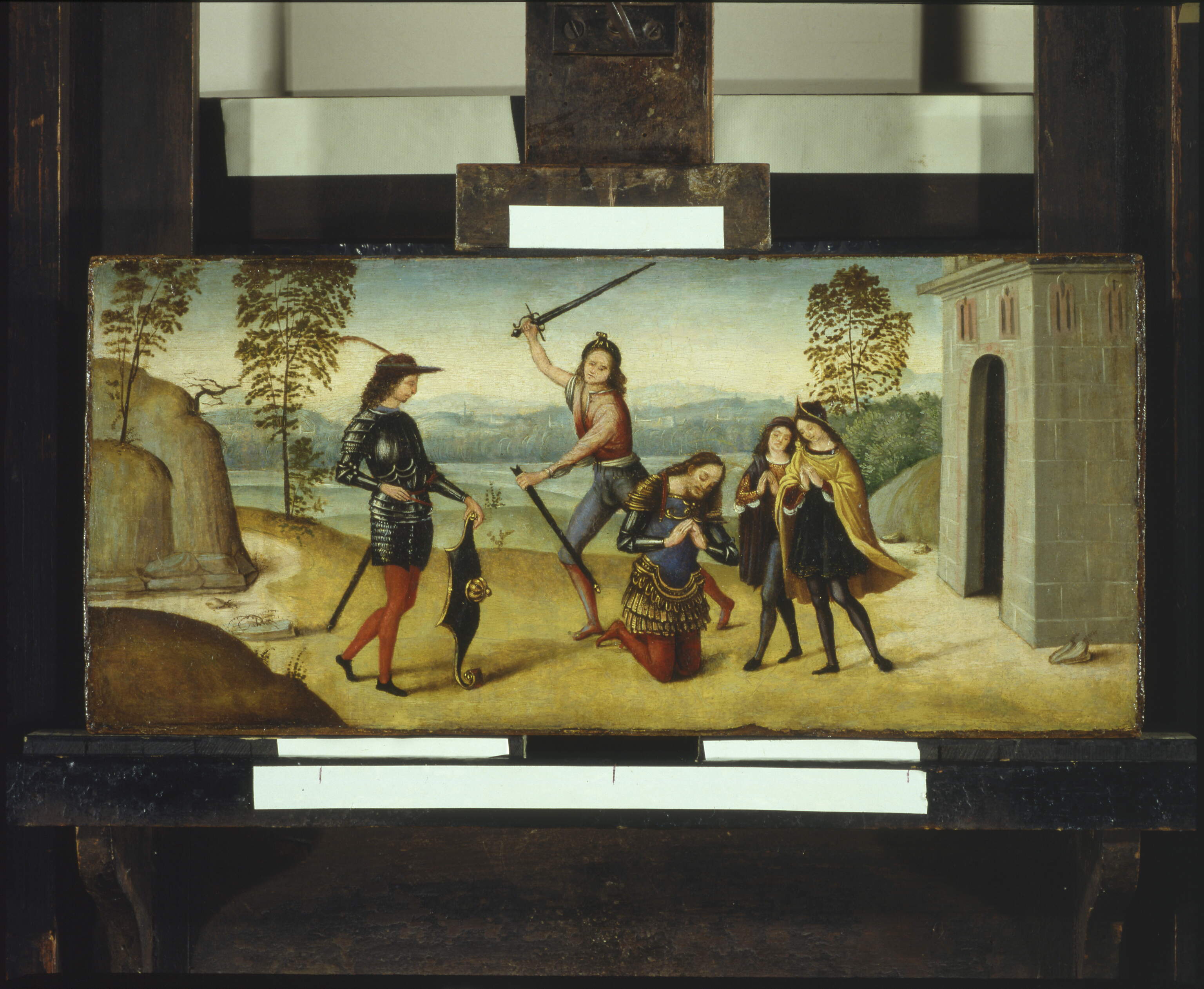 Decapitazione di un santo guerriero, Decapitazione di un santo guerriero (predella dipinta, frammento) di Soggi Niccolò (sec. XVI)