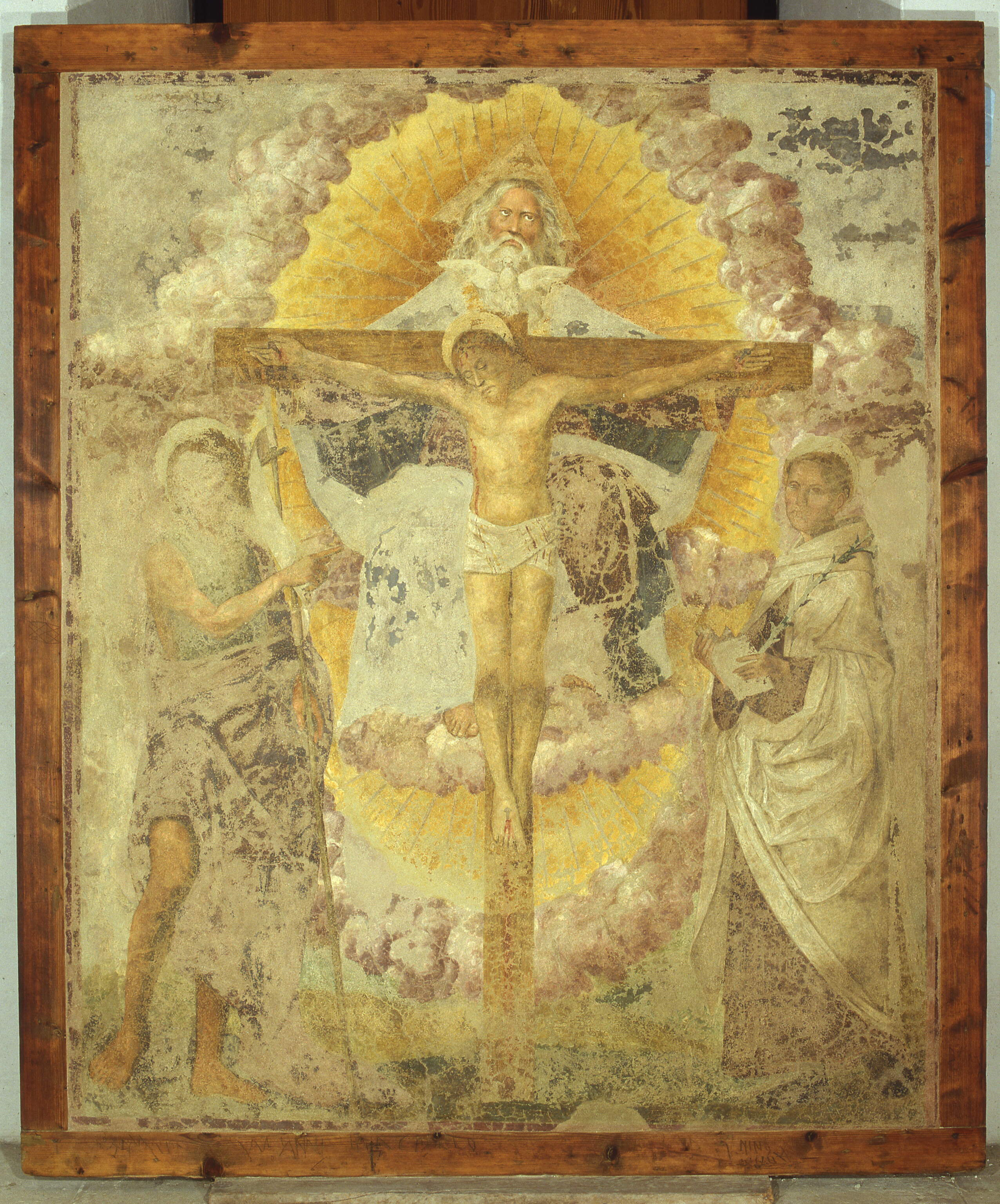 La Trinità tra i santi Giovanni battista e Alberto carmelitano, La Trinità tra i santi Giovanni battista e Alberto carmelitano (dipinto murale, frammento) di Morone Domenico (sec. XV)