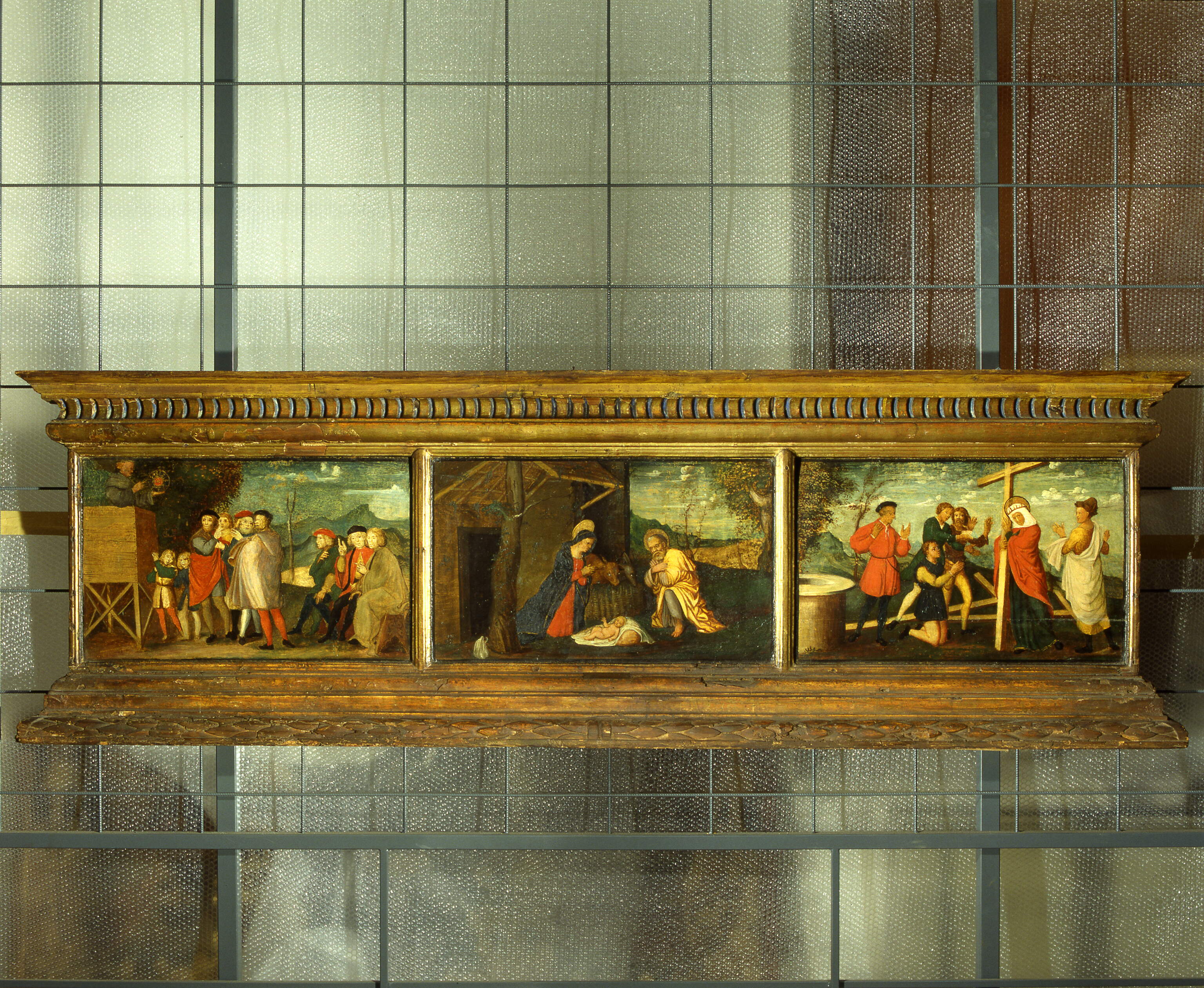 Predella di Santa Toscana, Predica di san Bernardino da Siena, natività di Gesù, ritrovamento della vera croce (predella dipinta, frammento) di Bonfanti Liberale detto Liberale da Verona (scuola) (inizio sec. XVI)