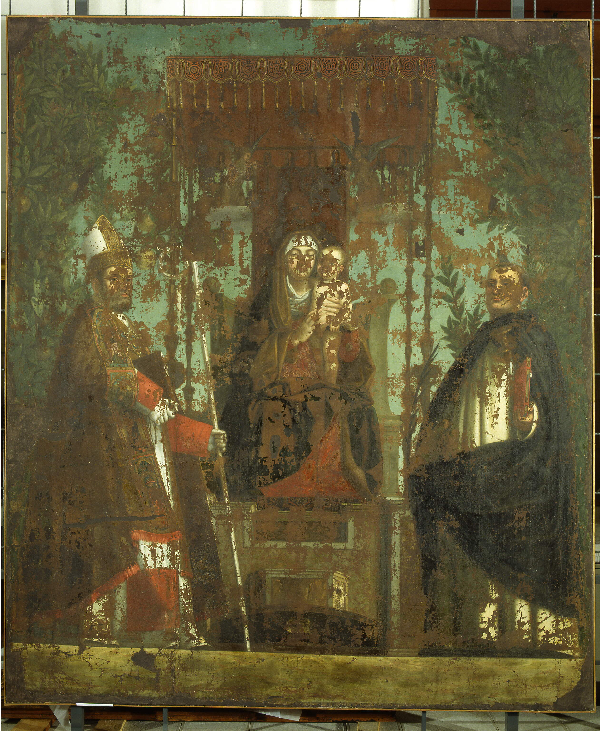 Madonna con il bambino in trono e i santi Zeno e Pietro martire, Madonna con il bambino in trono e i santi Zeno e Pietro martire (dipinto, opera isolata) di Mocetto Girolamo (secc. XVI-XVI)