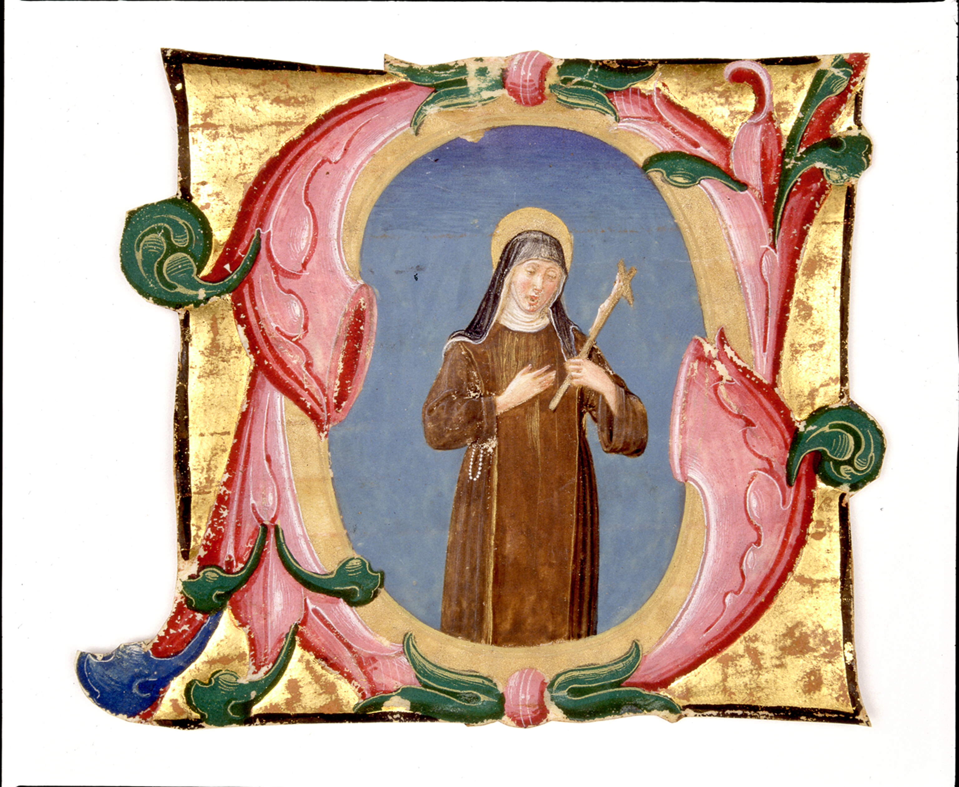 Iniziale "S" figurata con "Santa Chiara d'Assisi con un crocifisso", Santa Chiara (miniatura, frammento) di Dai Libri Francesco (e aiuti) (fine/ inizio secc. XV-XVI)