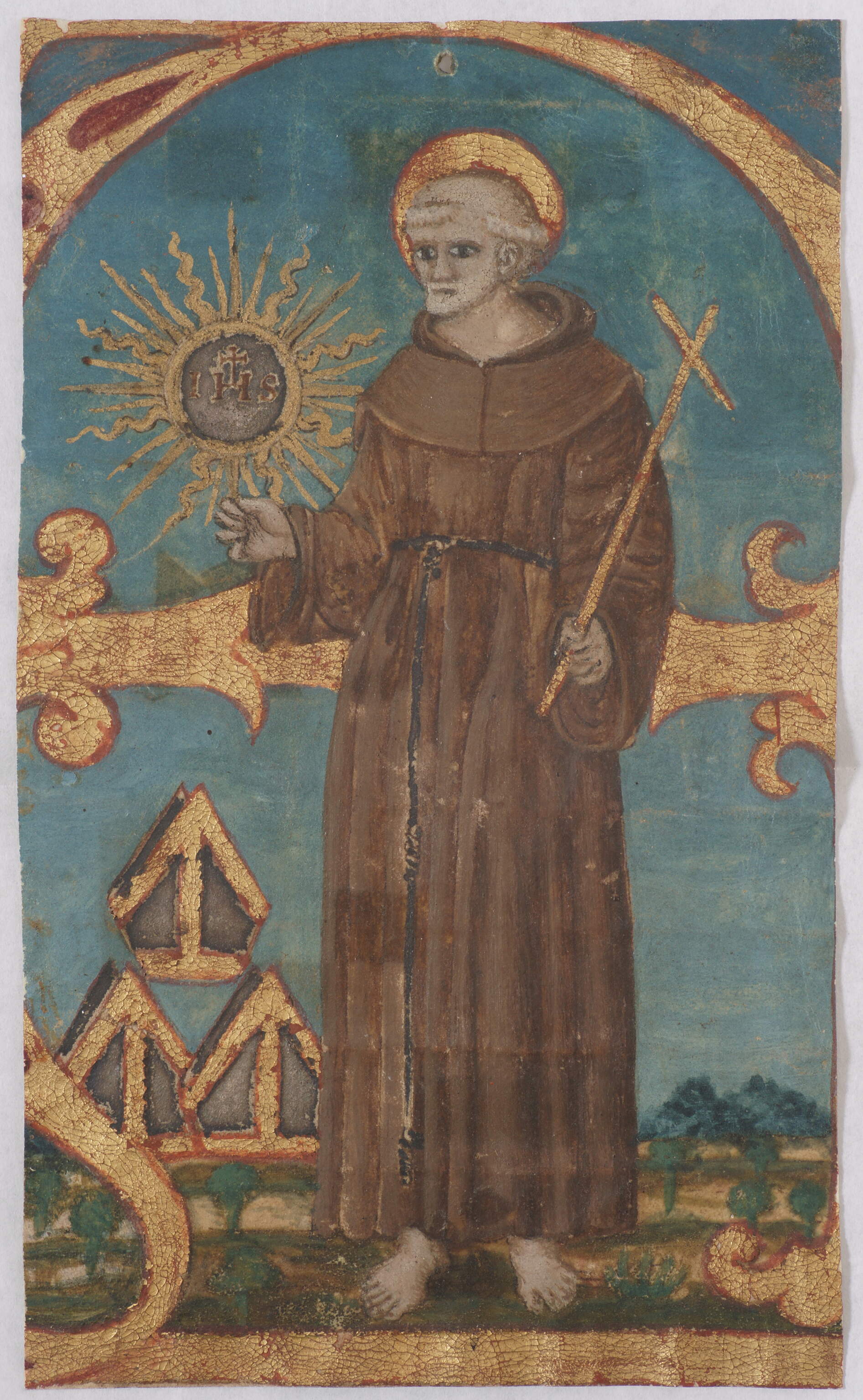 Frammento di iniziale "A" (San Bernardino), San Bernardino da Siena (miniatura, frammento) - ambito Italia settentrionale (fine/ inizio secc. XV-XVI)