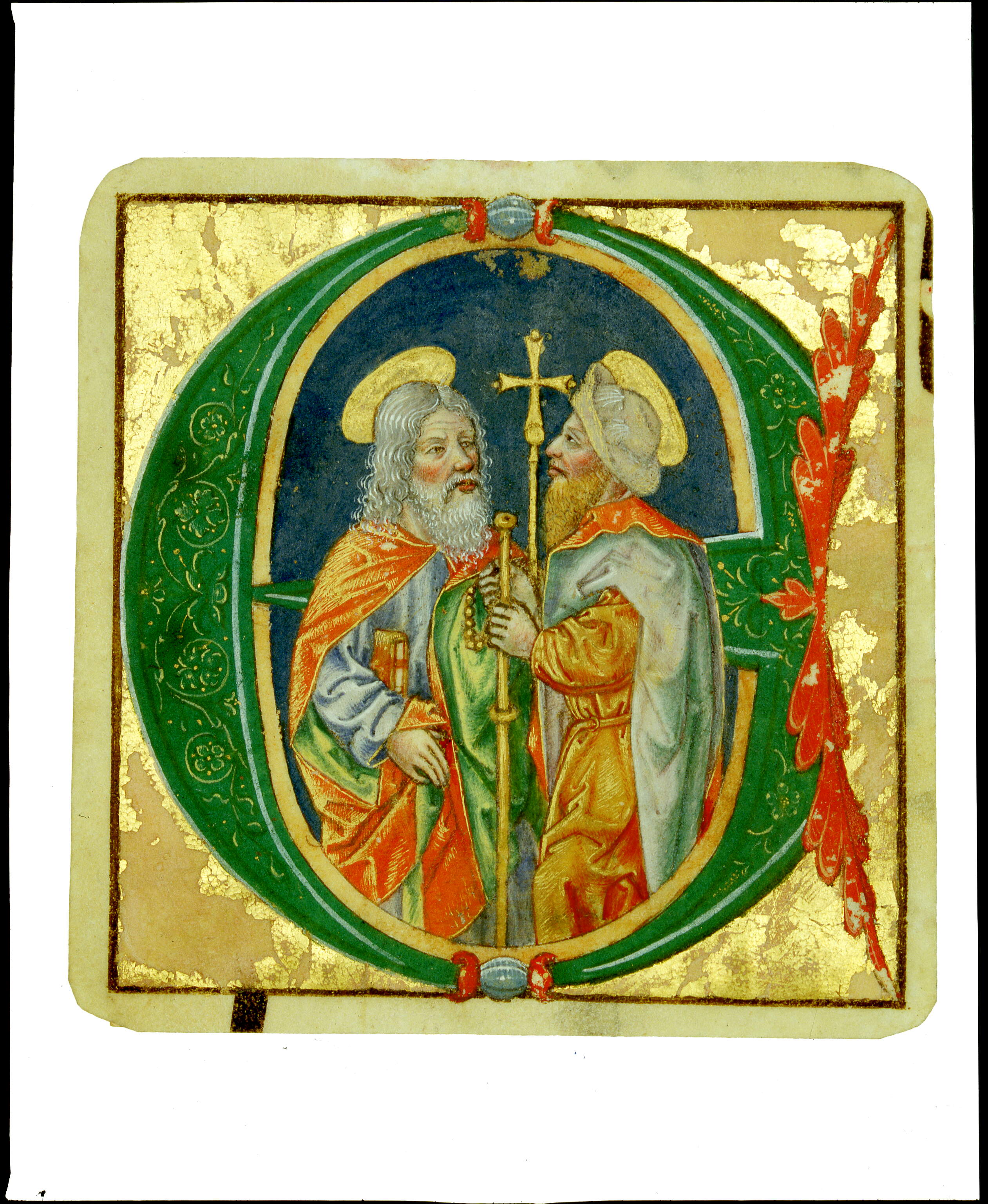 Iniziale "E" (Santi Filippo e Giacomo), San Filippo e San Giacomo il Maggiore (miniatura, frammento) - ambito lombardo (fine/ inizio secc. XV-XVI)