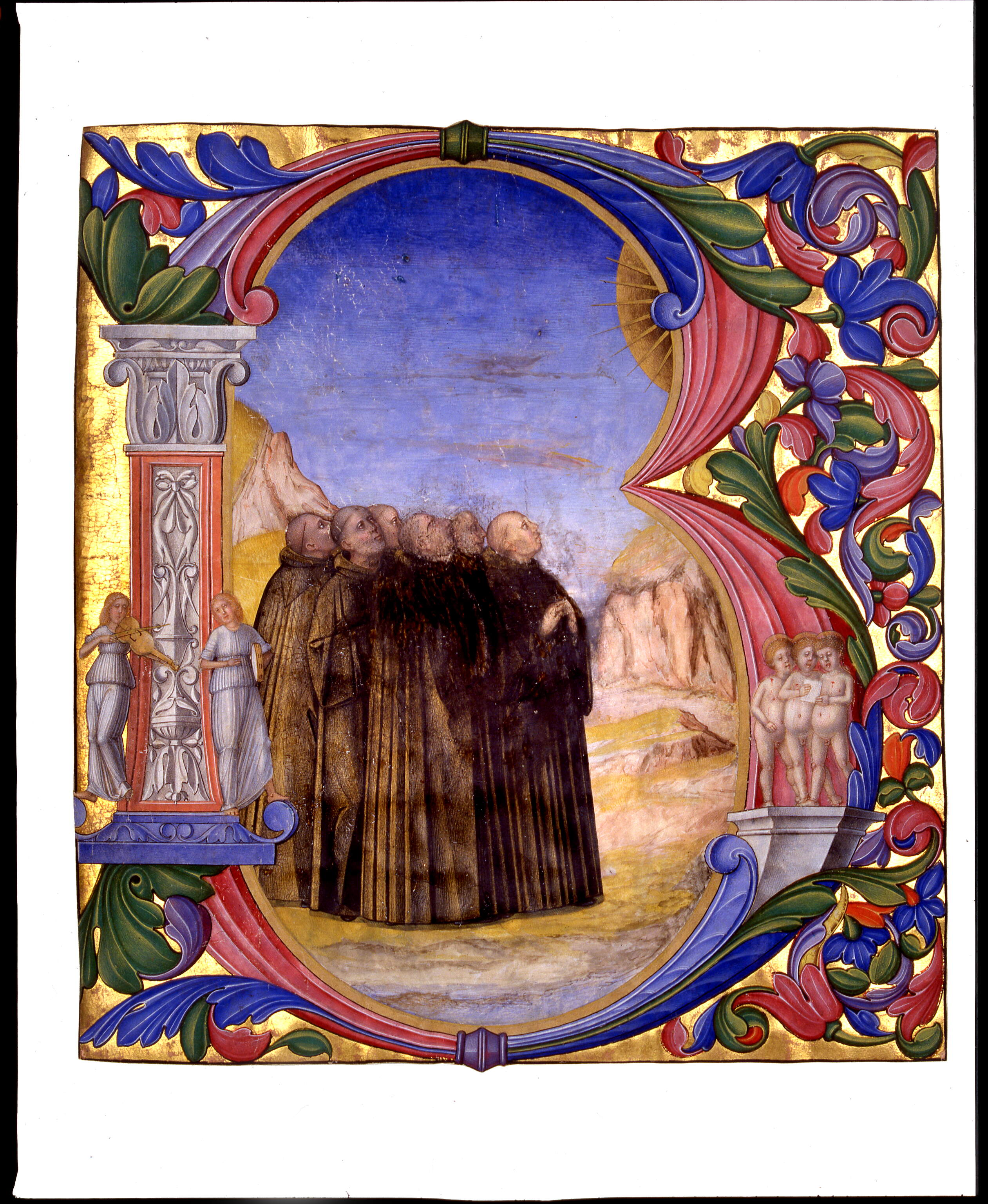 Grande iniziale "B" entro un rettangolo in lamina d'oro, figurata con "Monaci benedettini in preghiera lungo una via", monaci benedettini in preghiera (miniatura, frammento) di Antonio Maria da Villafora (secc. XVI-XVI)