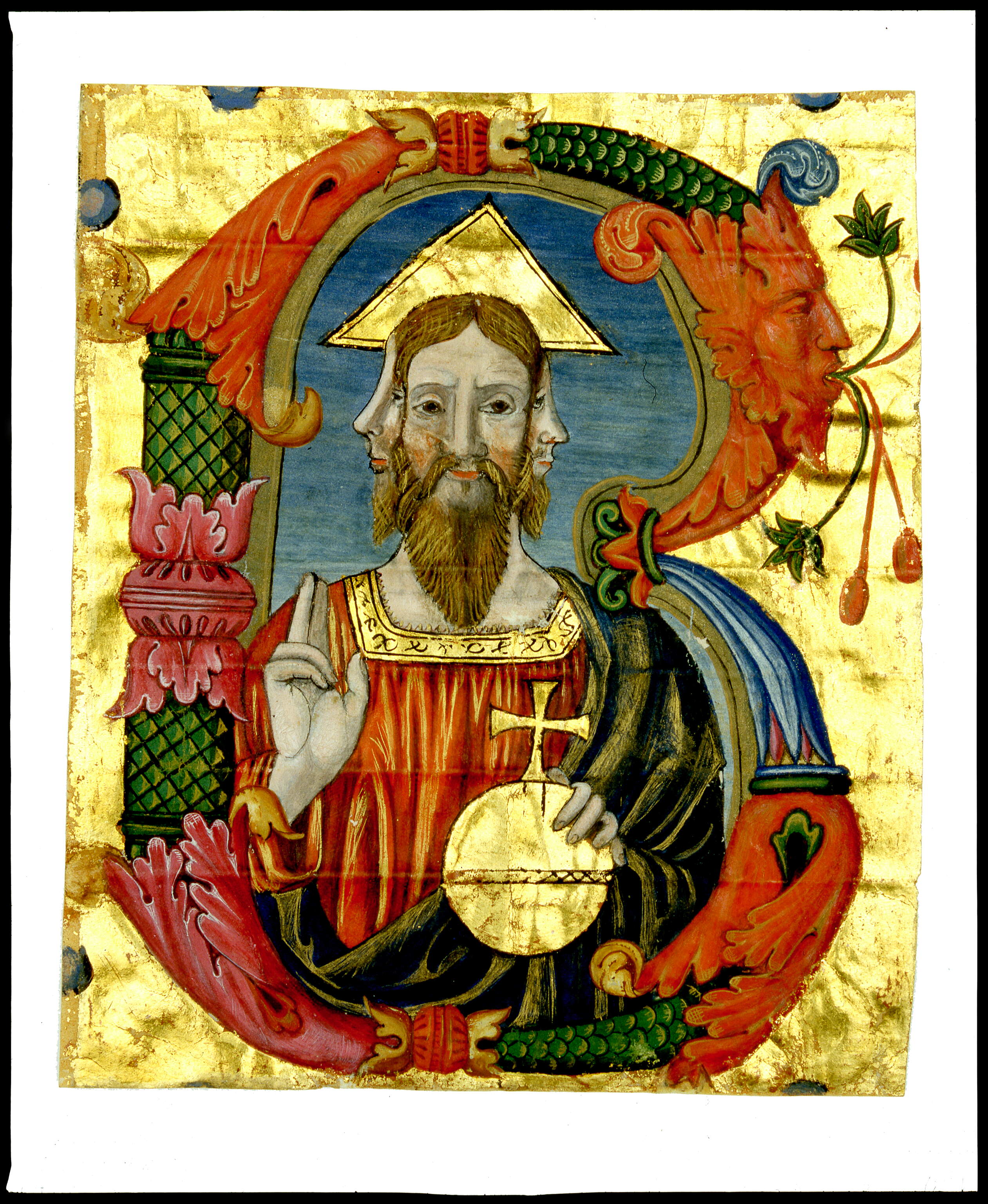 Iniziale "B" (Trinità con Cristo trifronte e benedicente), Trinità (miniatura, frammento) - ambito lombardo (fine sec. XV)