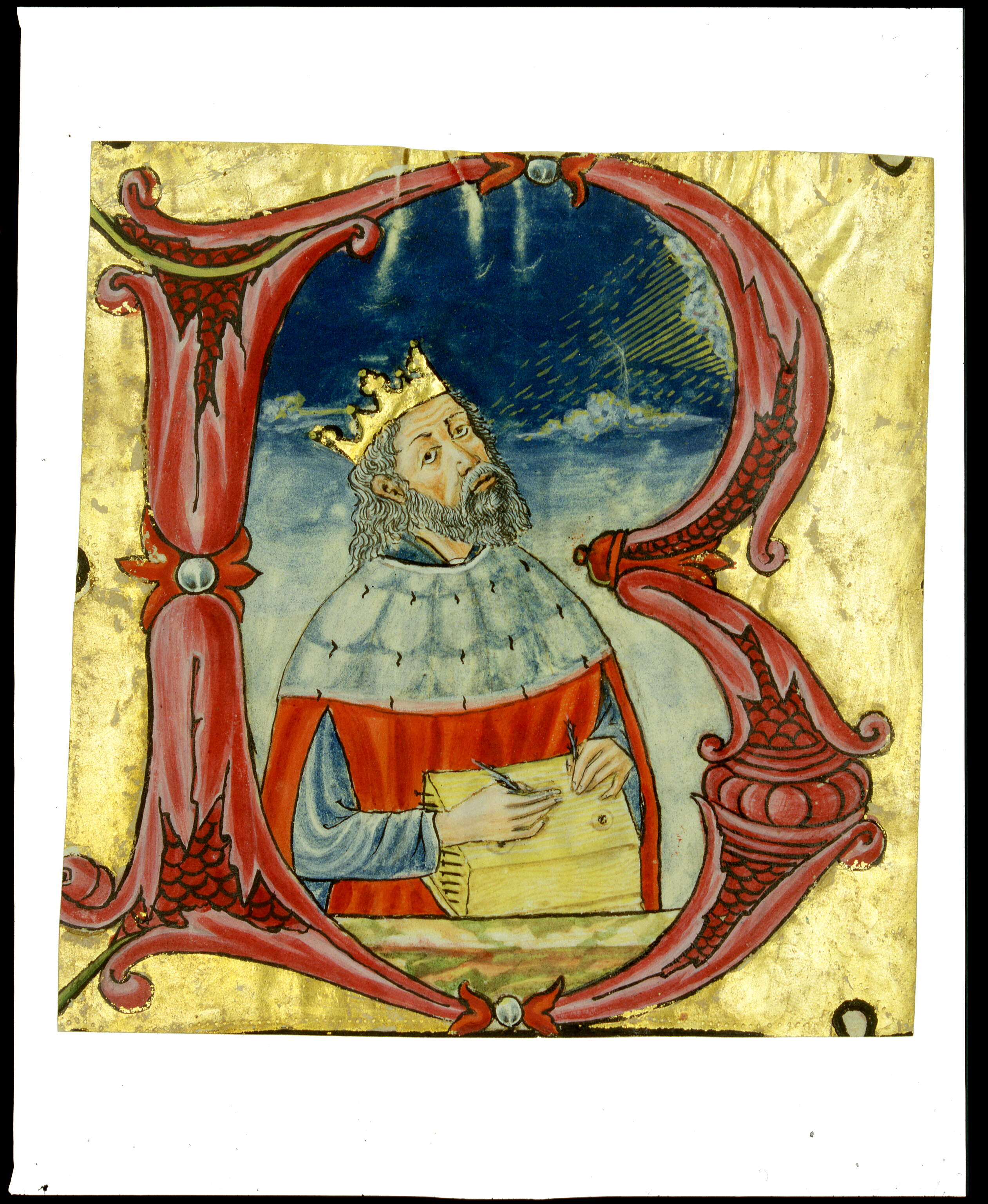 Iniziale "B" (David intento a suonare il salterio), David suona il salterio (miniatura, frammento) - ambito Italia settentrionale (fine/ inizio secc. XV-XVI)