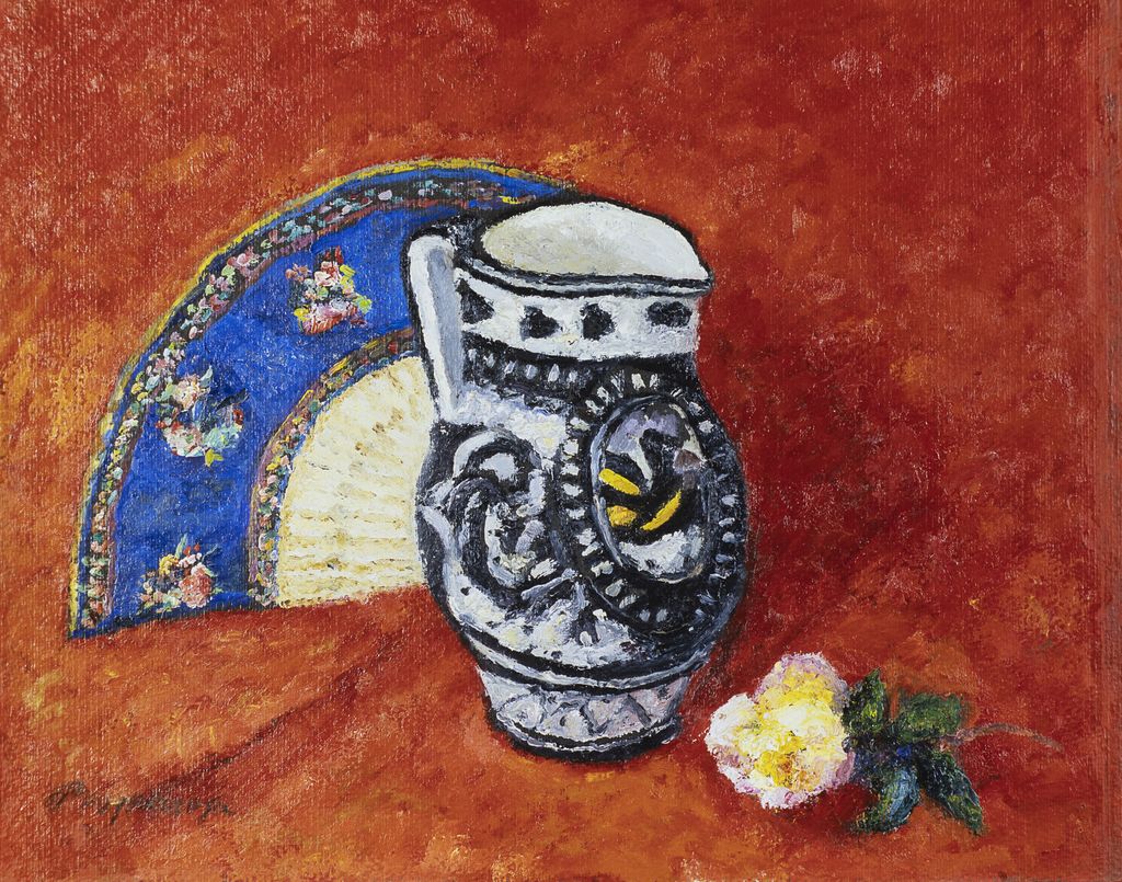 Natura morta con brocca e ventaglio, natura morta con brocca e ventaglio (dipinto) di Marcelli Bertoletti Pasquarosa (XX)