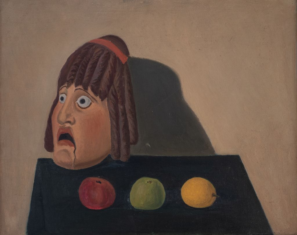 Natura morta con maschera, natura morta con maschera e frutta (dipinto) di Monti Rolando (XX)
