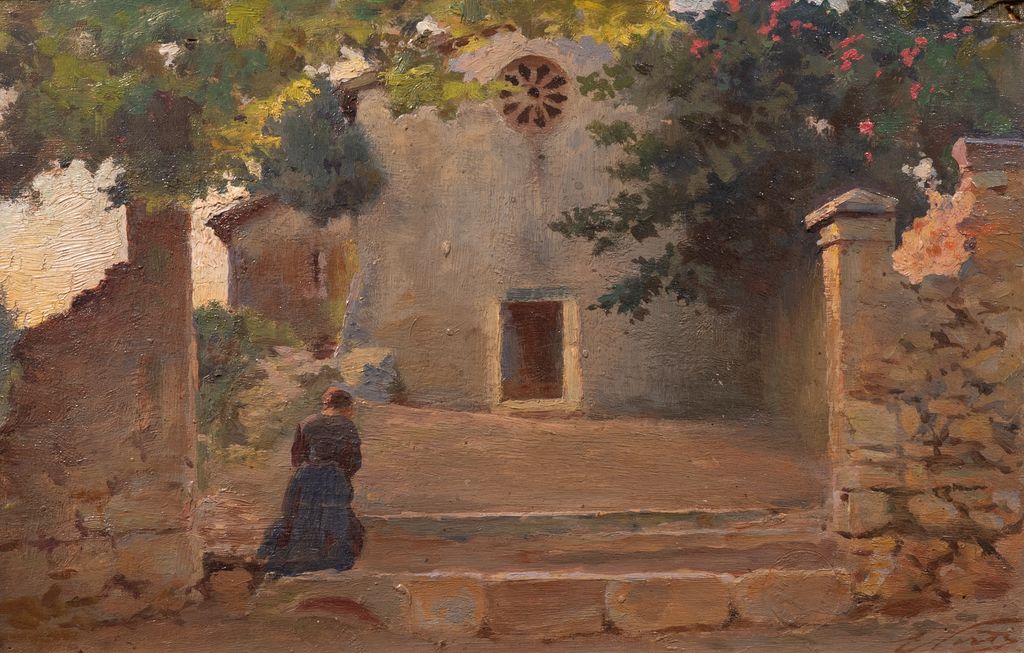 Chiesa di San Pietro, veduta della Chiesa di San Pietro ad Anticoli Corrado (dipinto) di Nardi Enrico (XX)