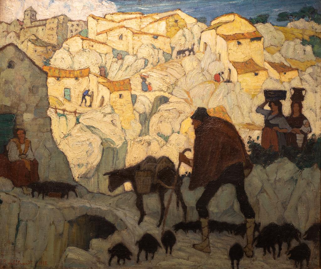 Ritorno alle stalle, paesaggio con contadini e animali (dipinto) di Kaehlbrandt Zanelli Elisabetta (XX)