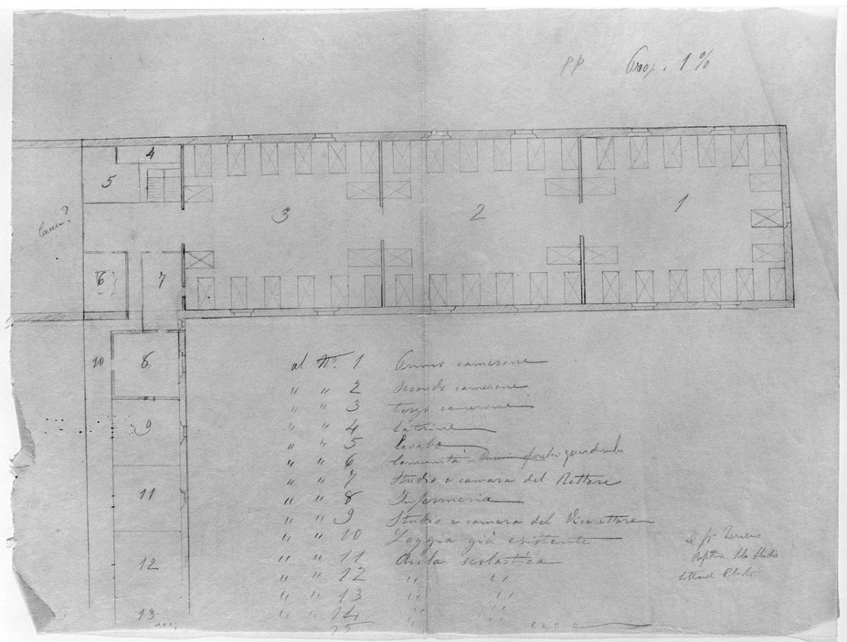 progetto relativo alla sistemazione di locali intorno al chiostro grande di S. Francesco (disegno) - ambito toscano (primo quarto sec. XX)