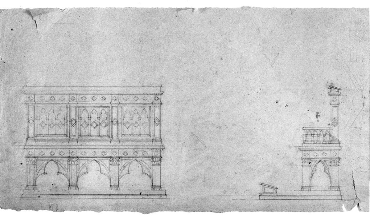 studi di panca vista frontalmente e di lato (disegno) di Castellucci Giuseppe (sec. XX)