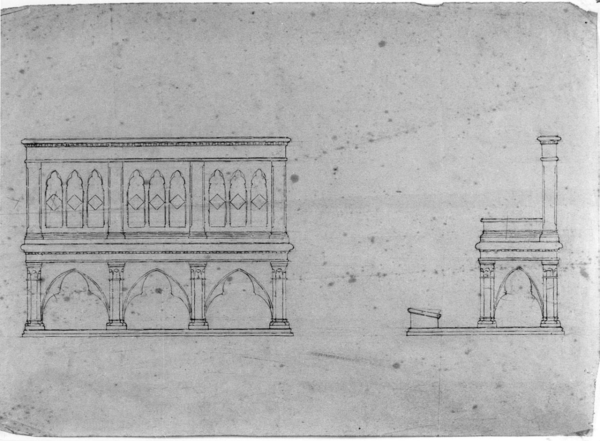 studi di panca vista frontalmente e di lato (disegno) di Castellucci Giuseppe (sec. XX)