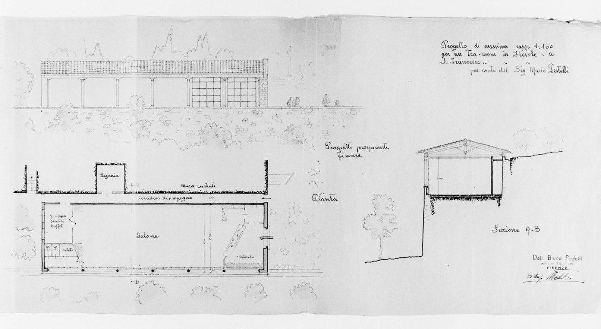 Progetto di massima rappr. 1:100 per un tea-room in Fiesole - a S. Francesco, progetto per tea-room presso la chiesa di S. Francesco a Fiesole (disegno) di Pedetti Bruno (terzo quarto sec. XX)