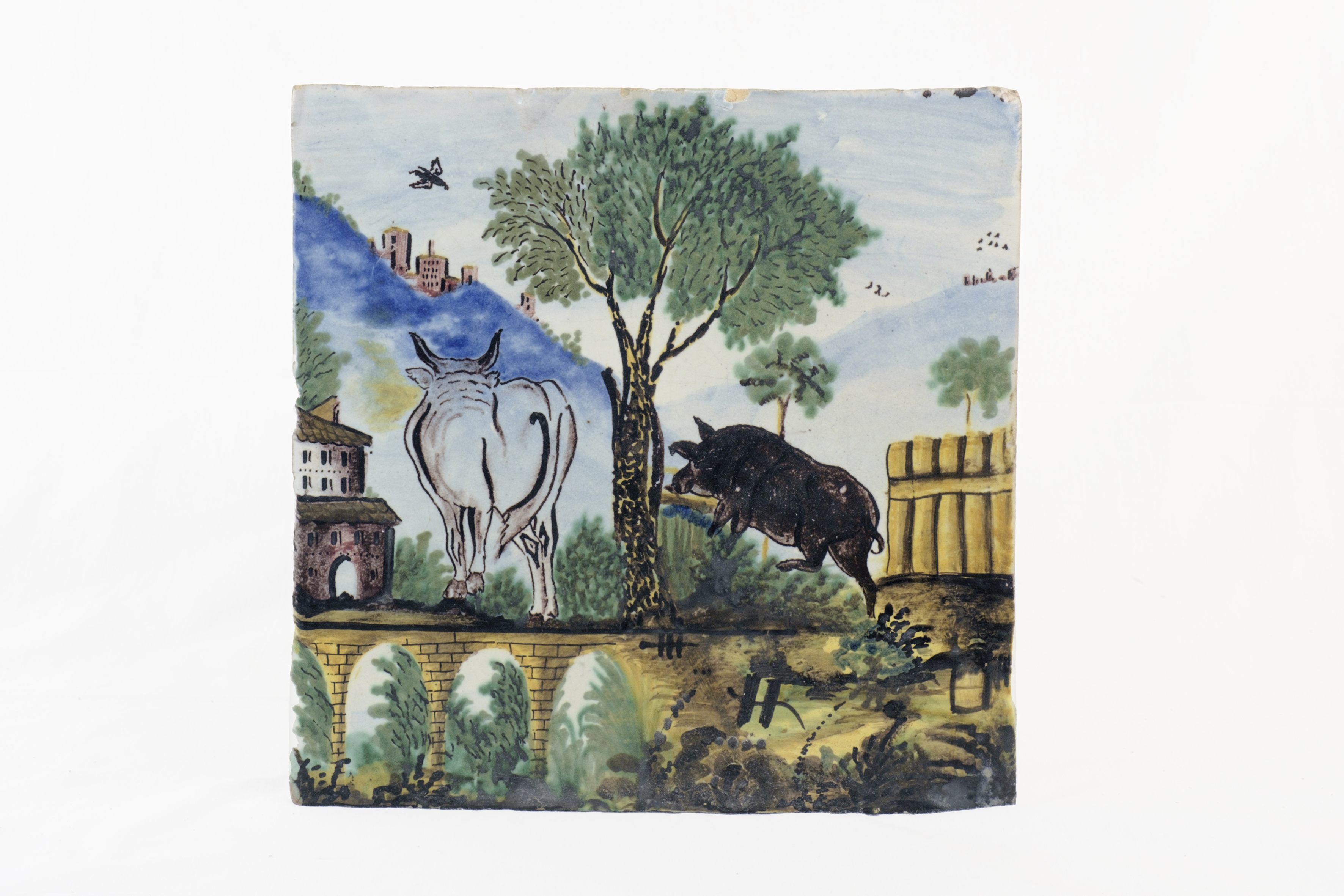 Paesaggio campestre, bue e cinghiale (formella) - ambito vietrese (seconda metà XIX)