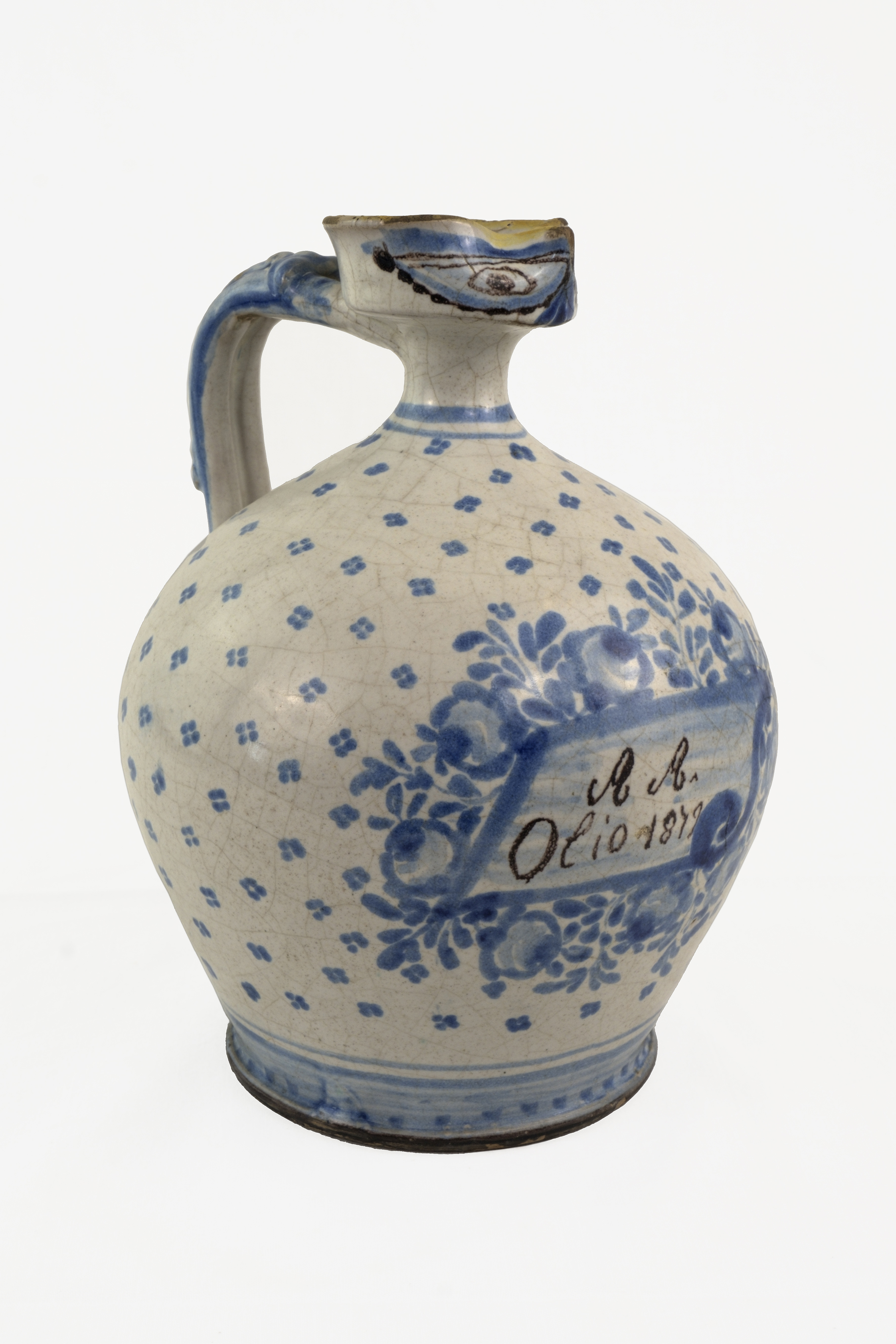 Motivo quadrupuntinato e cartiglio contornato da roselline e foglie (vaso) - ambito vietrese (seconda metà XIX)