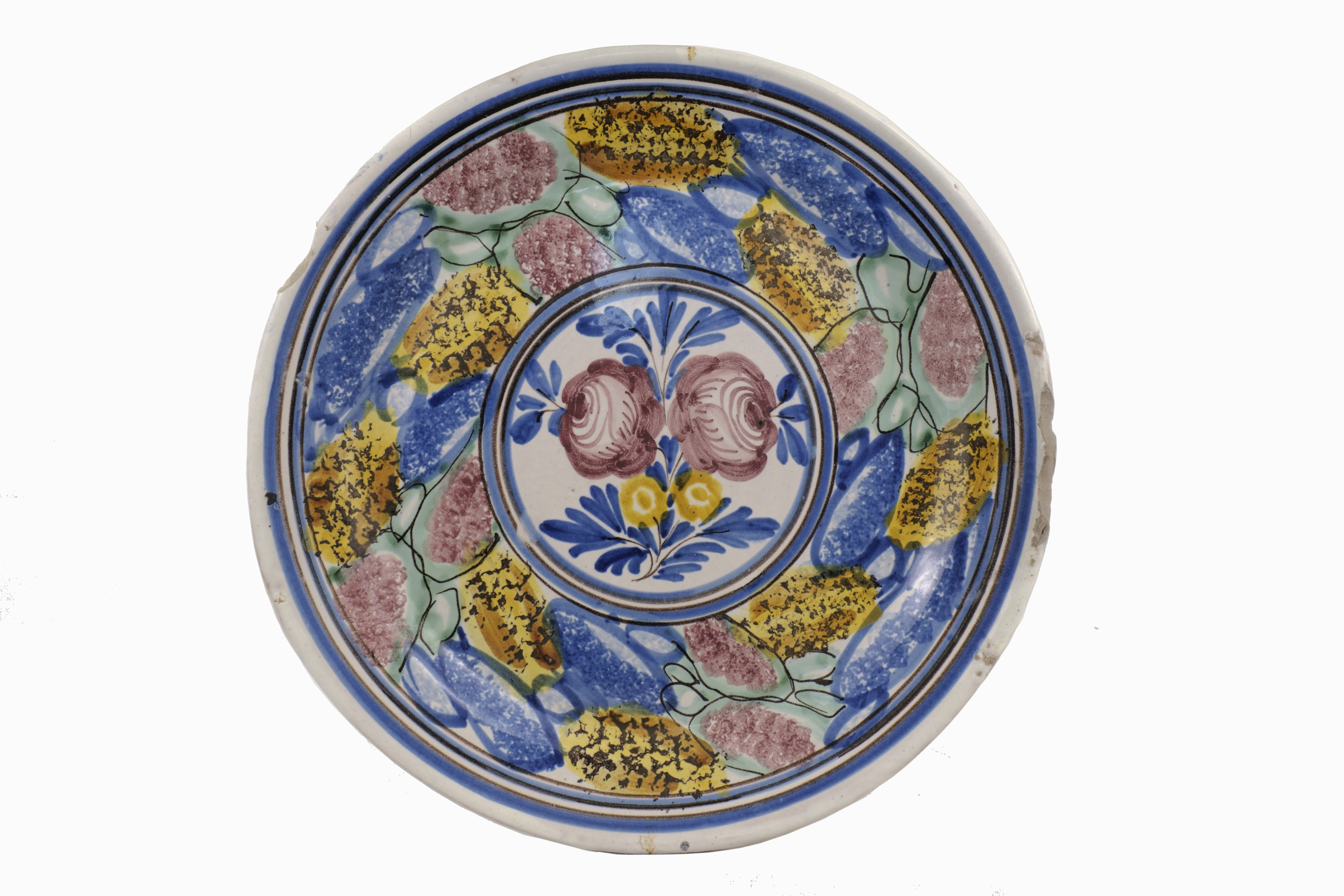 due rose rosse orientali, due fiorellini gialli e foglie (piatto fondo) - ambito vietrese (XIX)