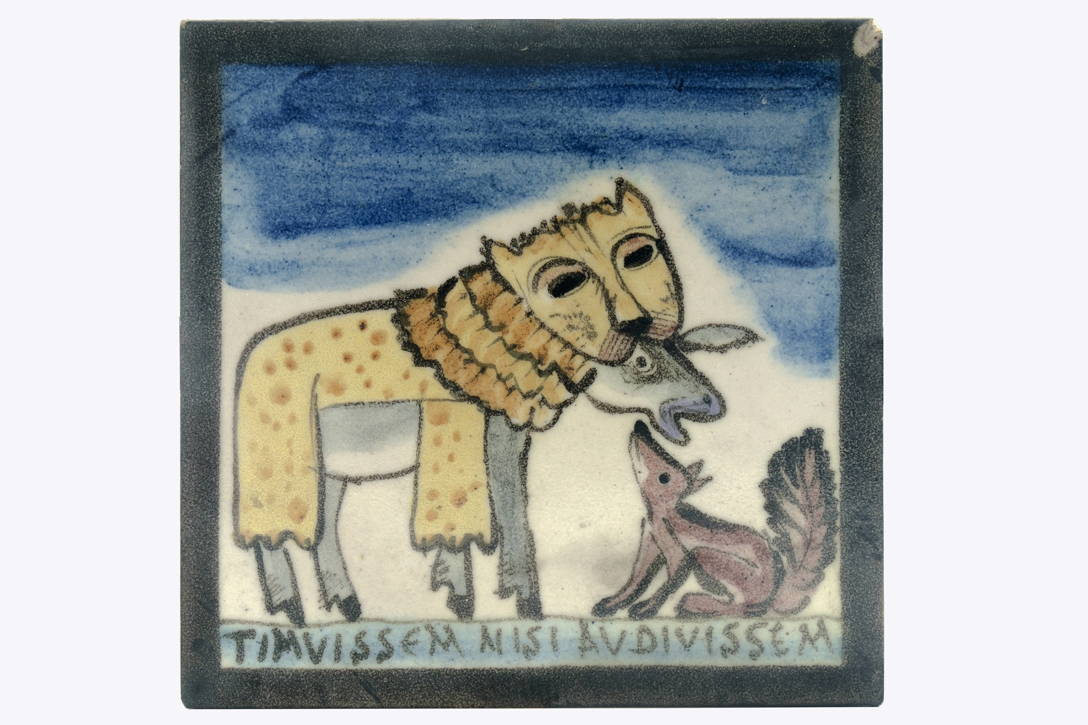 asino con pelle di leone e volpe (piastrella) di Dölker, Richard (laboratorio) - ambito vietrese (XX)