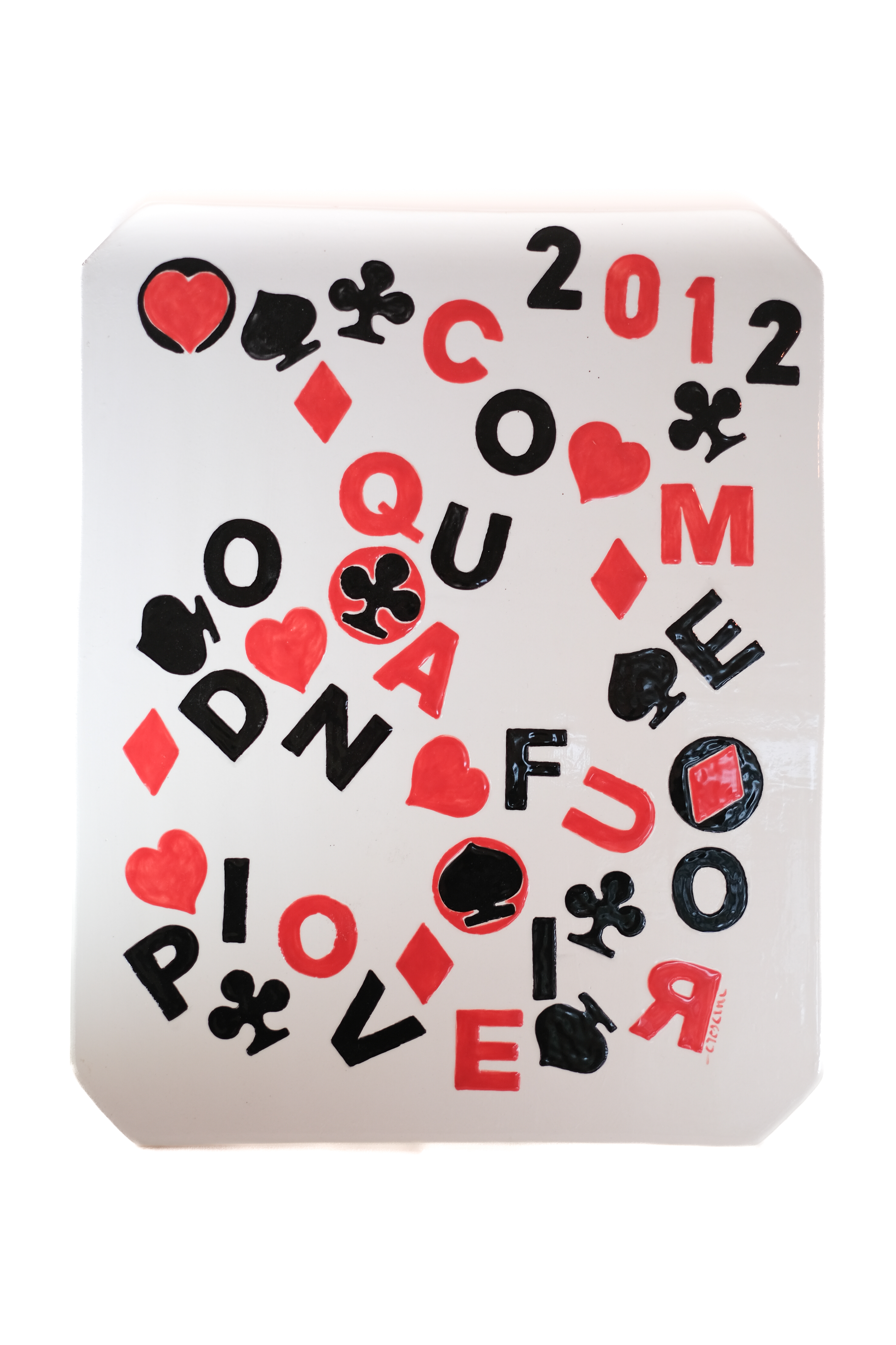 Comequandofuoripiove 2012, Composizione tipografica con lettere, numeri e semi delle carte da gioco dispersi sulla superficie (opera bidimensionale) di Crescini, Giovanna (XXI)