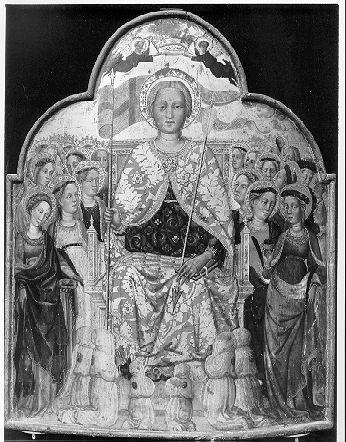 Sant' Orsola tra le compagne adorata da un gruppo di flagellanti (dipinto) di Maestro di Barga (prima metà sec. XV)