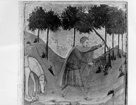 San Galgano che taglia un albero, Storie della vita di San Galgano (dipinto) di Andrea di Bartolo (sec. XIV)