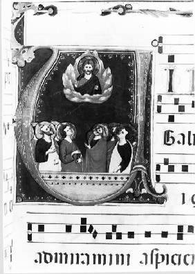 Apparizione di Cristo agli apostoli (miniatura, elemento d'insieme) di Memmo di Filippuccio - manifattura pisana (prima metà sec. XIV)
