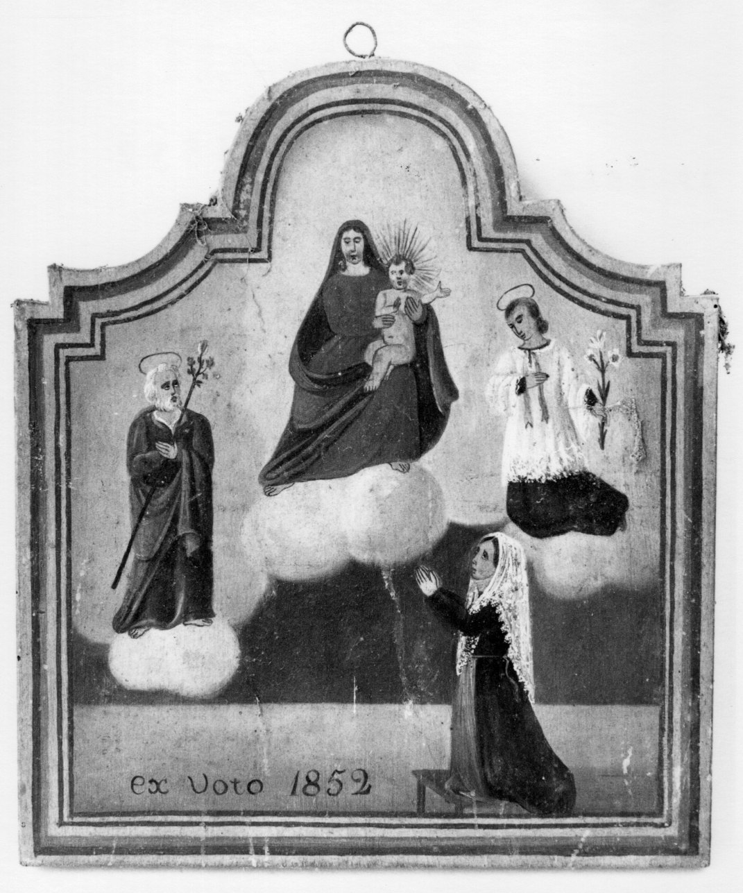 Madonna con Bambino, San Giuseppe e San Luigi Gonzaga intercedono per devota (ex voto, opera isolata) - ambito astigiano (metà sec. XIX)