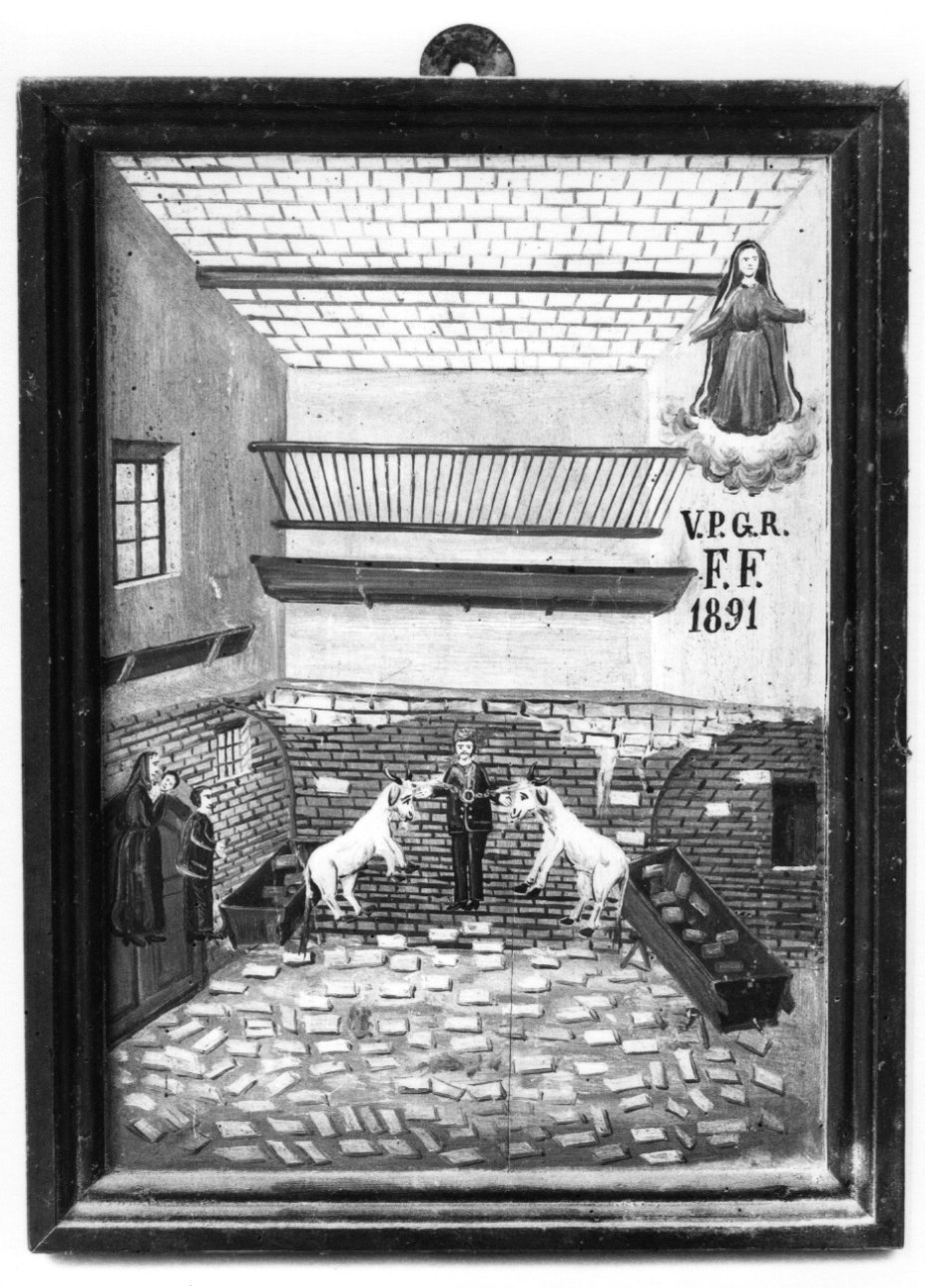 Madonna della Misericordia intercede per infortunio nella stalla (ex voto, opera isolata) - ambito astigiano (ultimo quarto sec. XIX)