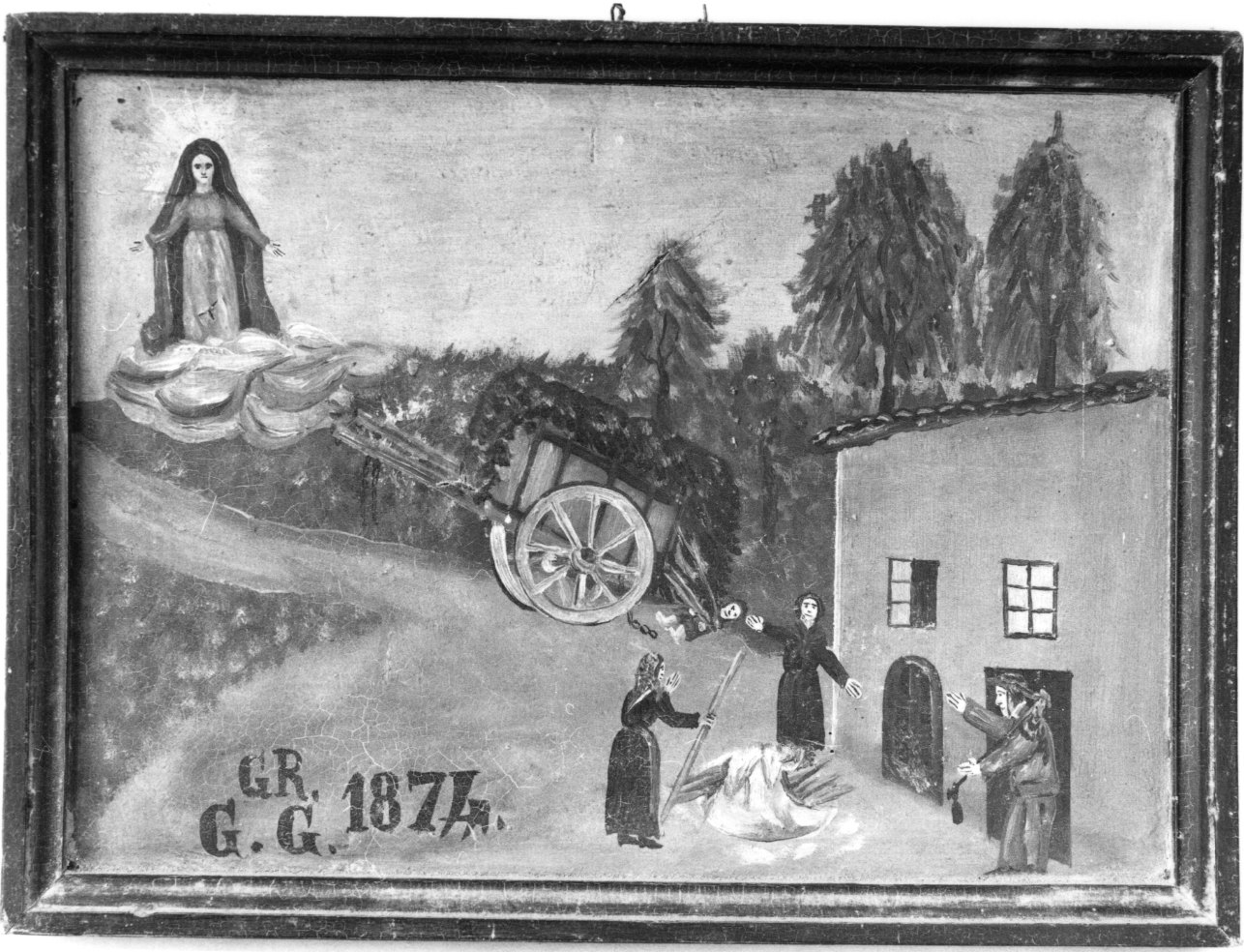 Madonna della Misericordia intercede per incidente con un carro (ex voto, opera isolata) - ambito astigiano (seconda metà sec. XIX)