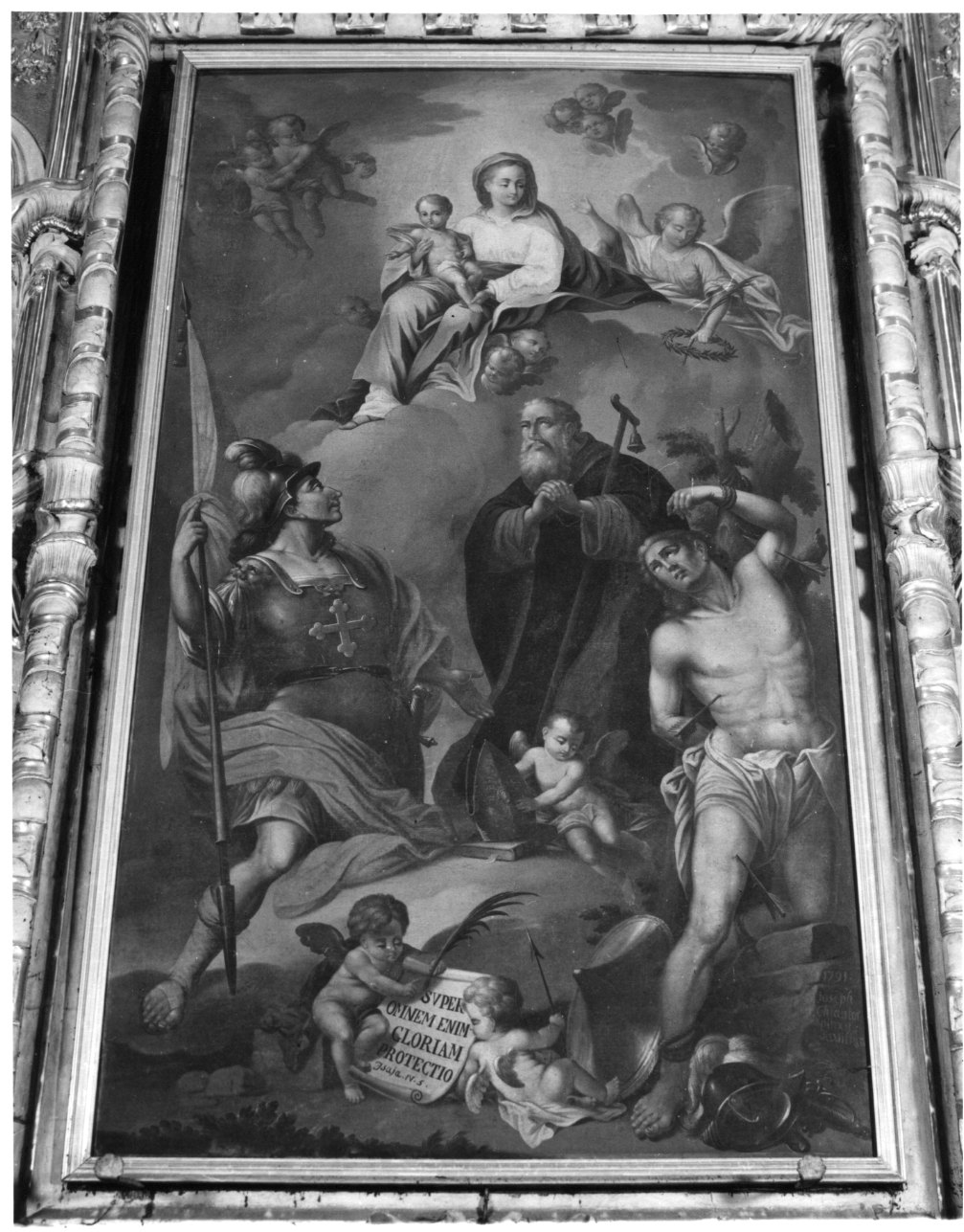 Madonna con Bambino, San Sebastiano, Sant'Antonio Abate e Santo martire della Legione Tebea (dipinto, opera isolata) di Chiantore Giuseppe (sec. XVIII)