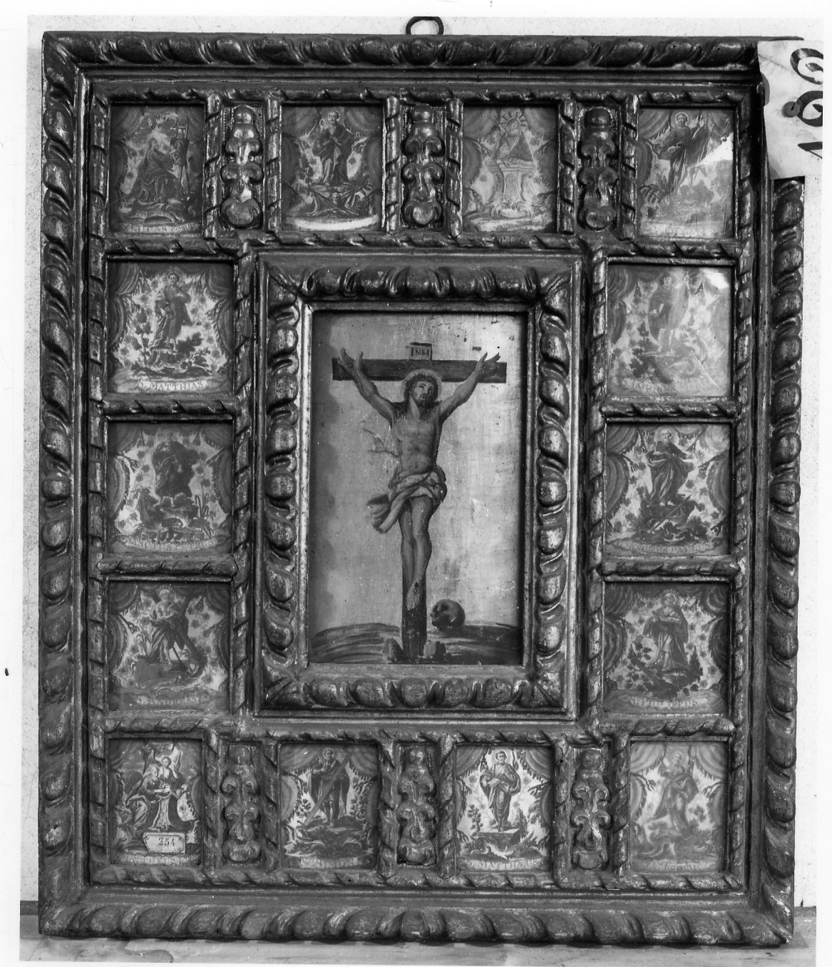 Cristo crocifisso, Dio Padre, Madonna e apostoli (stampa colorata a mano, serie) - ambito piemontese (seconda metà sec. XVII)