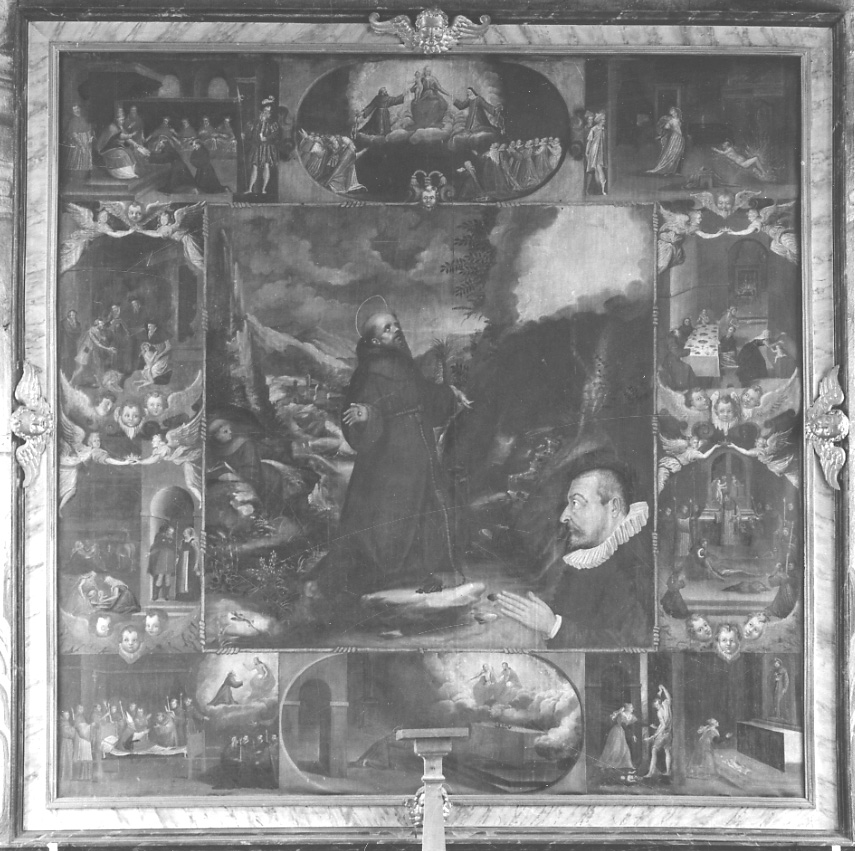 estasi di San Francesco d'Assisi e committente (dipinto, opera isolata) di D'Enrico Melchiorre (attribuito) (fine sec. XVI)