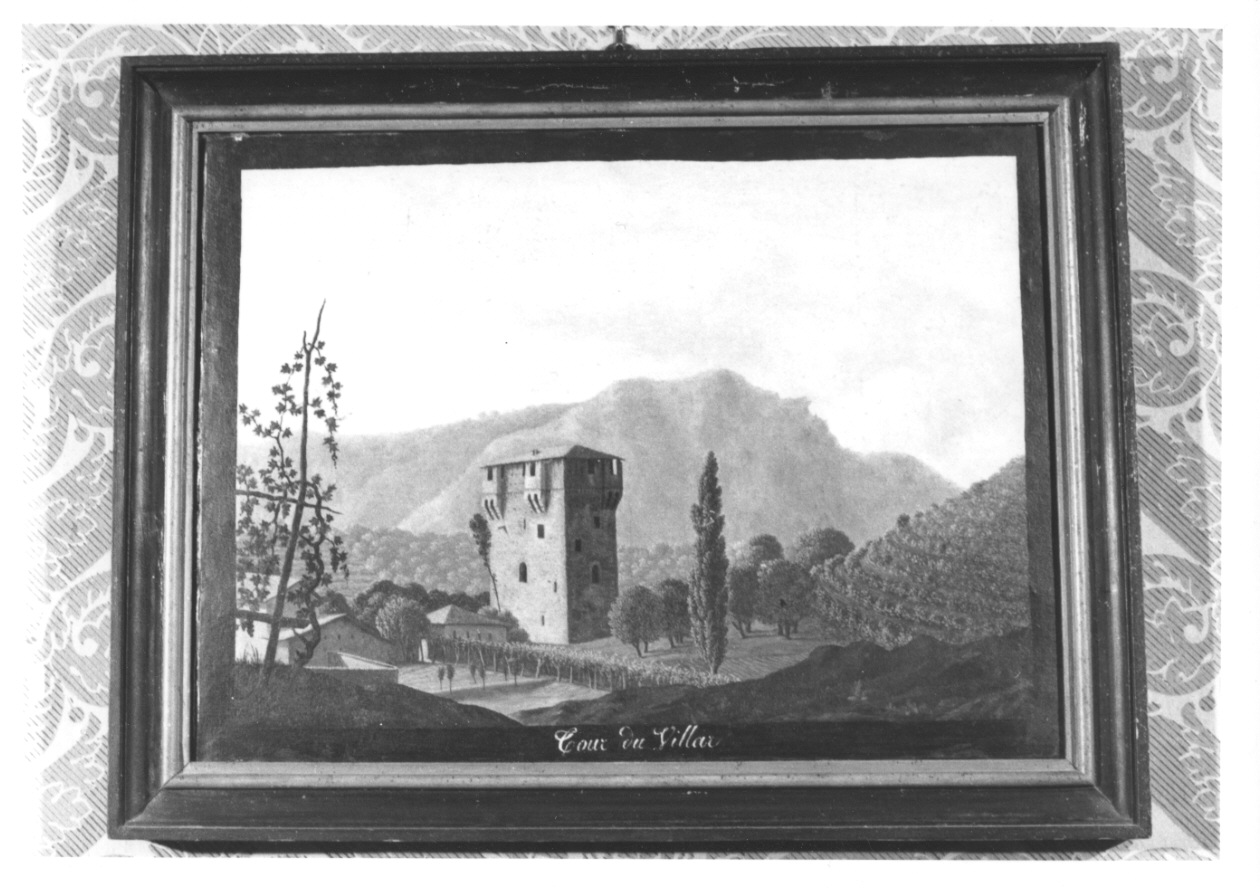 Torre di Villarbasse, veduta della torre di Villarbasse (dipinto, opera isolata) - ambito piemontese (prima metà sec. XIX)