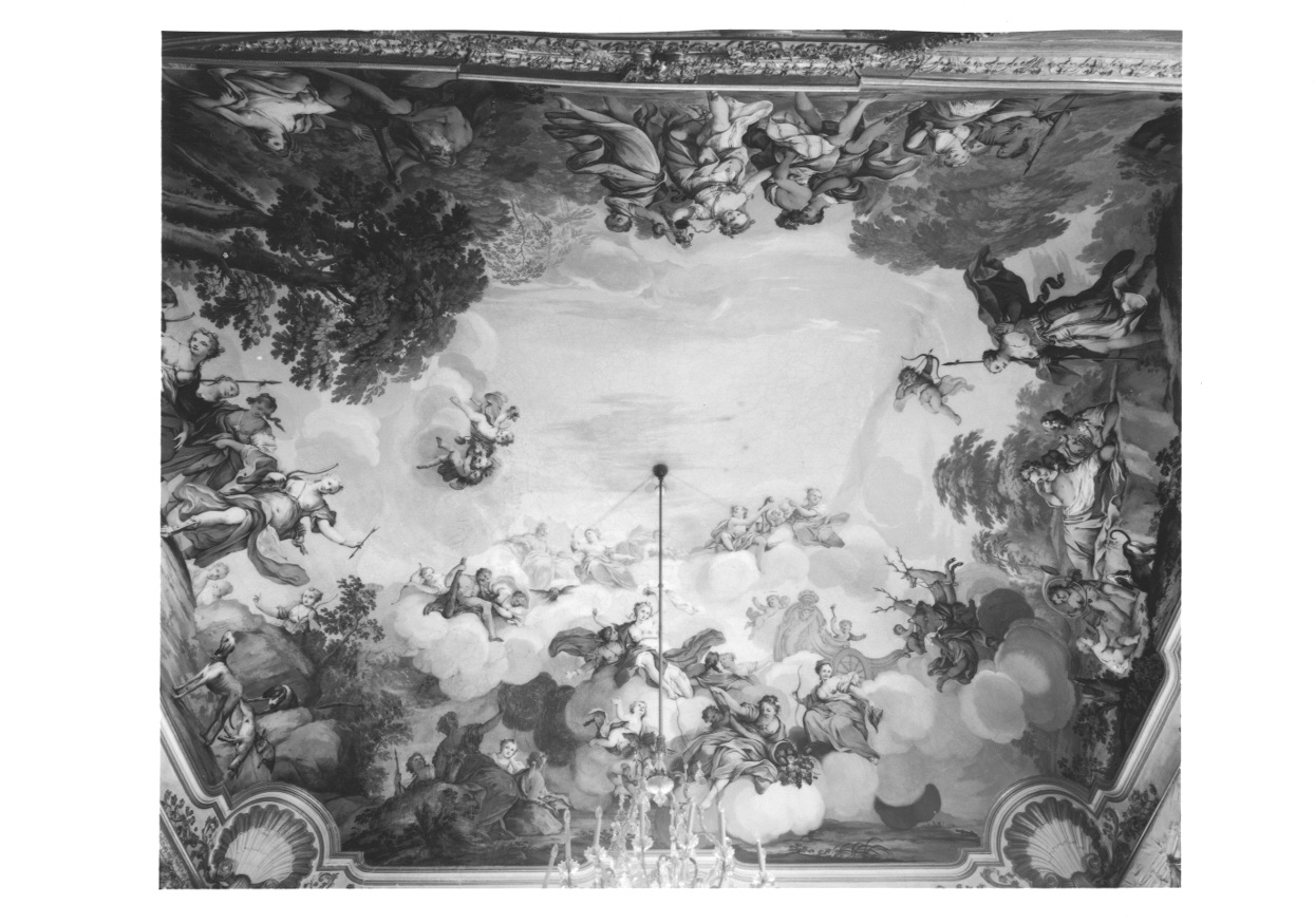 CACCE DI DIANA (soffitto dipinto, opera isolata) di Milocco Michele Antonio (secondo quarto sec. XVIII)