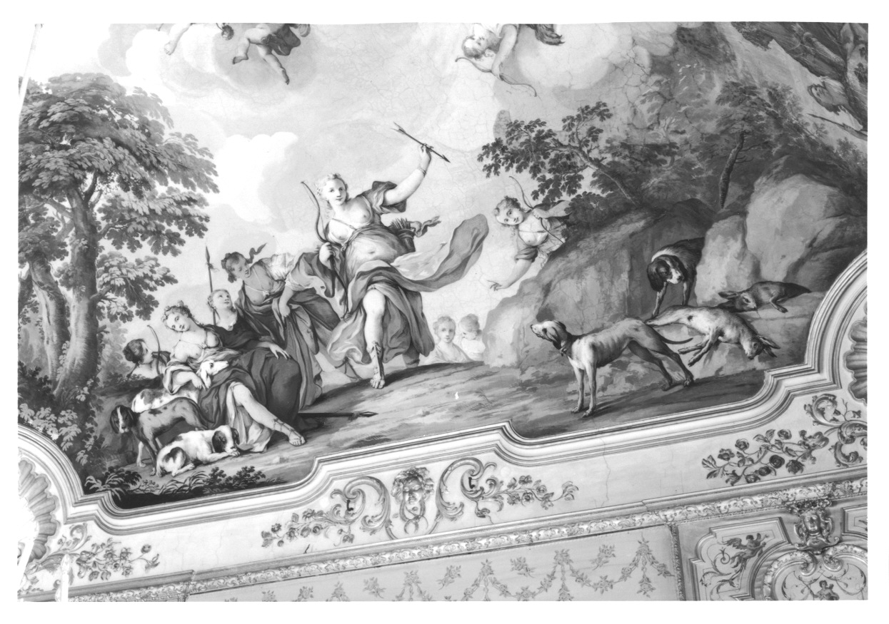 DIANA E LE NINFE AL RIENTRO DALLA CACCIA (soffitto dipinto, elemento d'insieme) di Milocco Michele Antonio (secondo quarto sec. XVIII)