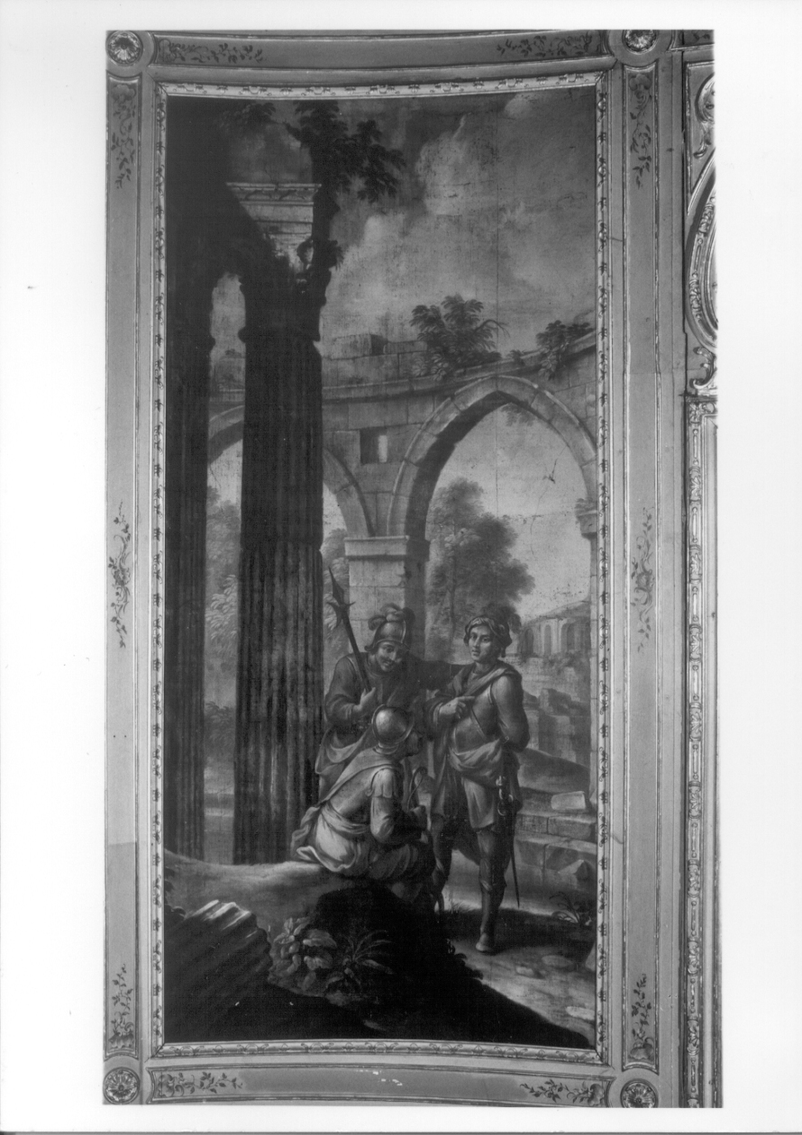 Guerrieri tra architetture rovinate (dipinto, opera isolata) di Antoniani Francesco (metà sec. XVIII)