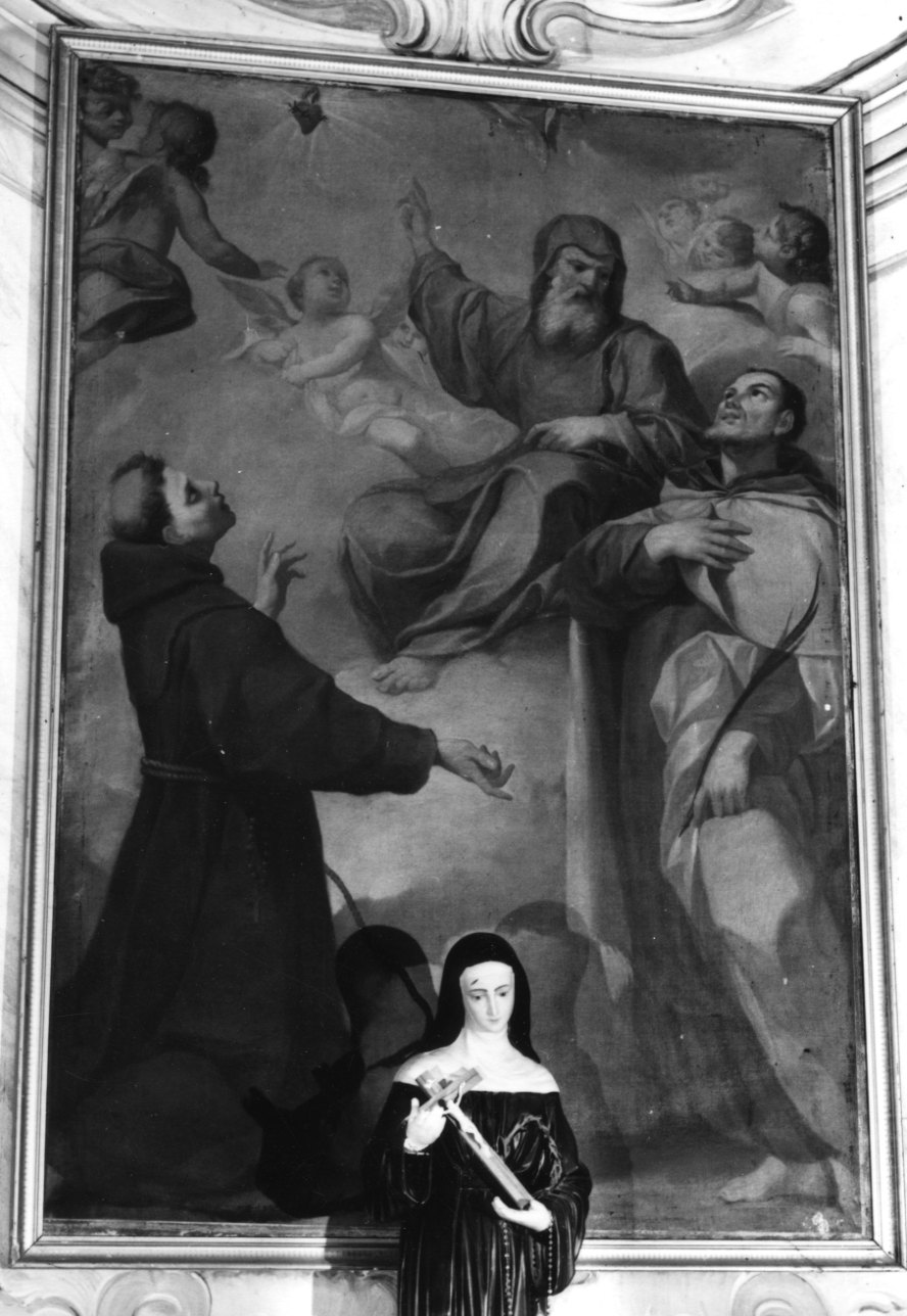 San Francesco di Paola, Sant'Antonio da Padova e Sant'Angelo carmelitano (dipinto, opera isolata) di Borsetti Carlo (maniera) (secondo quarto sec. XVIII)