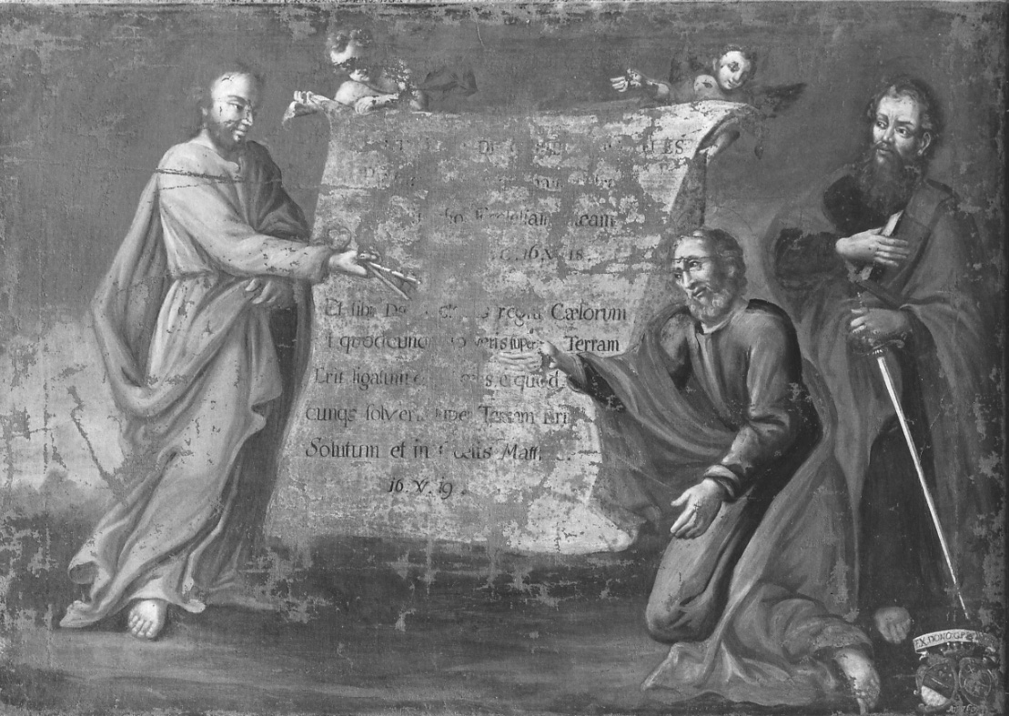 Cristo consegna le chiavi a San Pietro con San Paolo (dipinto, opera isolata) - ambito cusiano (metà sec. XVIII)