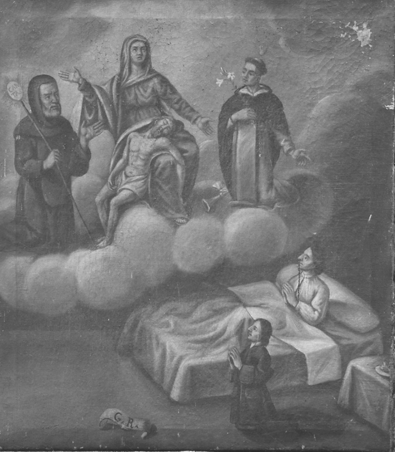 Pietà con San Francesco di Paola, San Domenico e devoti (ex voto, opera isolata) - ambito cusiano (terzo quarto sec. XVIII)