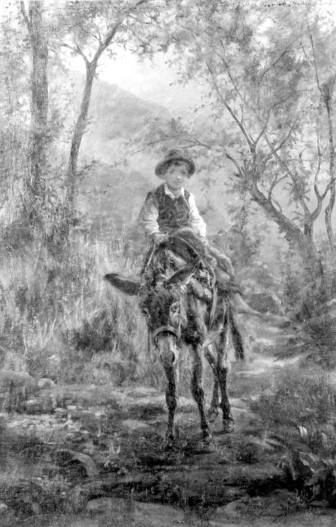 Due compagni di lavoro, bambino a cavallo di un asinello (dipinto, opera isolata) di Landriani Giuseppe (terzo quarto sec. XIX)