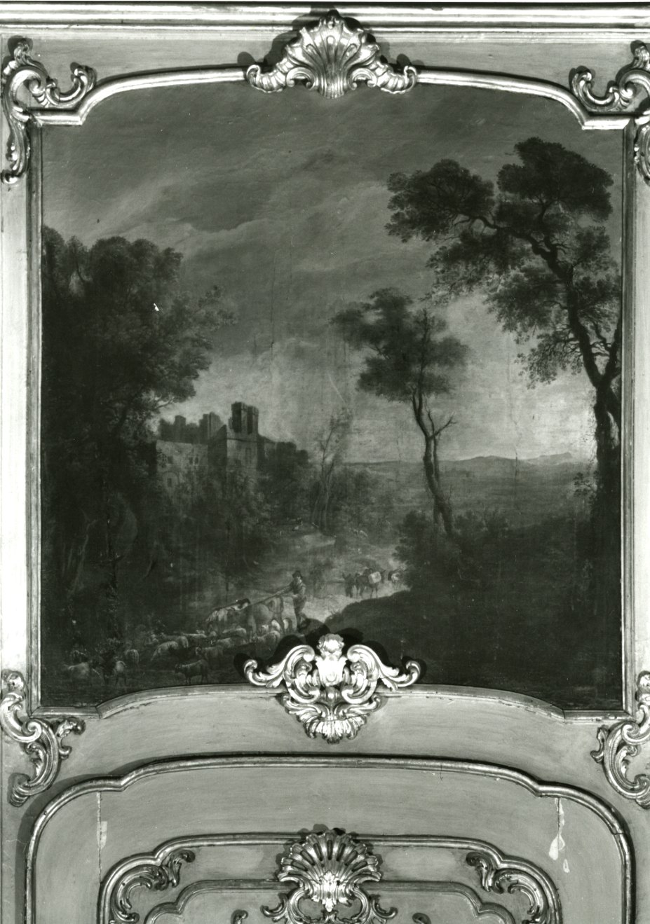 paesaggio con castello, pastore e bestiame (sovrapporta, opera isolata) di Cignaroli Vittorio Amedeo (attribuito) (terzo quarto sec. XVIII)