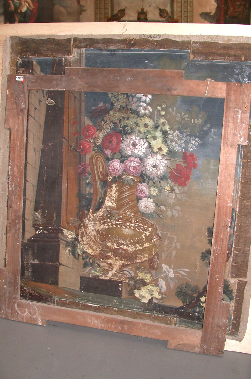 vaso con fiori e architetture (sovrapporta, elemento d'insieme) - ambito piemontese (ultimo quarto sec. XVIII)