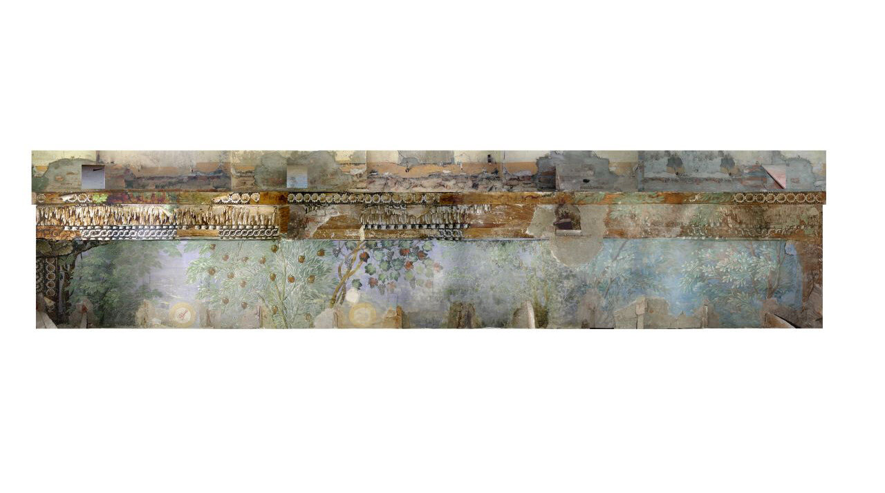 paesaggio con alberi, rocce, conchiglie e segni zodiacali (decorazione pittorica, complesso decorativo) di Casella Andrea (attribuito) - ambito piemontese (sec. XVII, sec. XVII)
