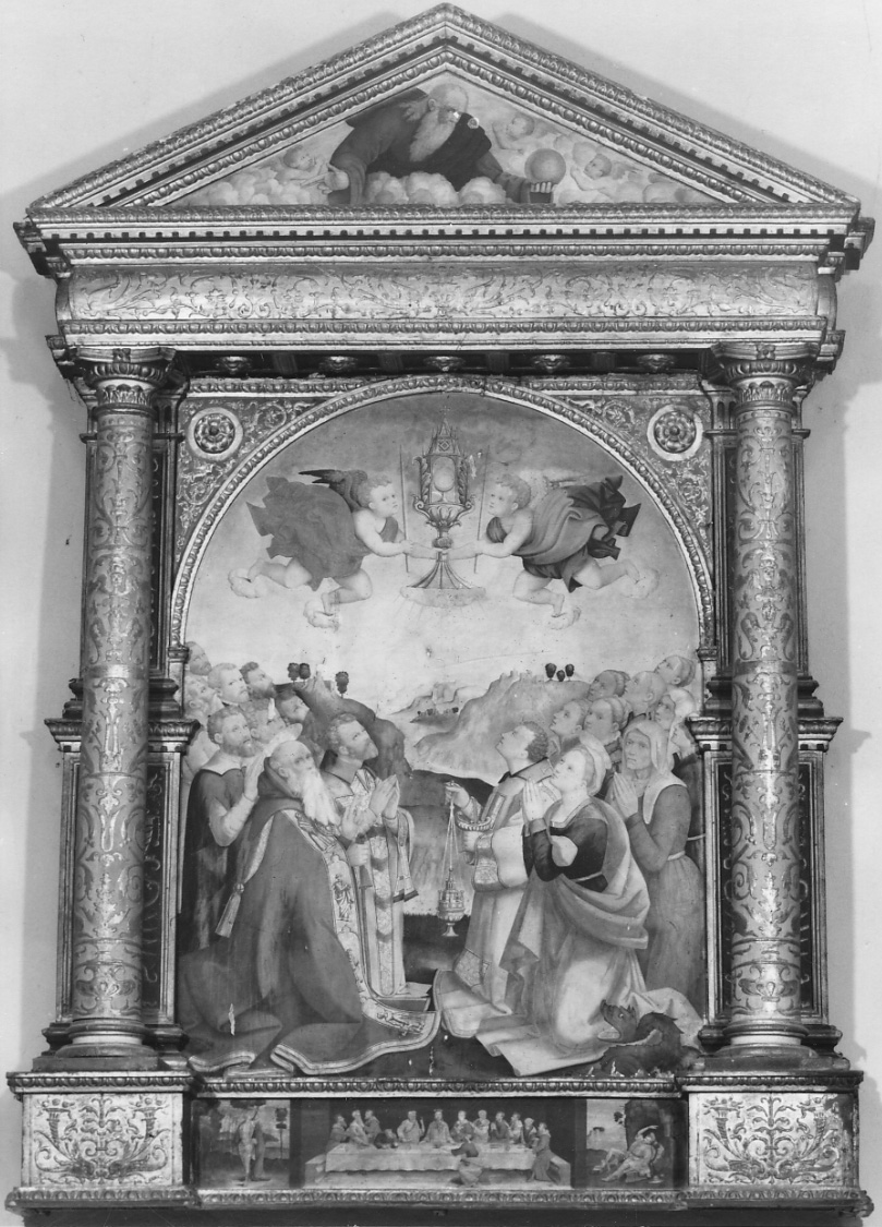 Sant'Antonio Abate e Santa Margherita d'Antiochia in adorazione dell'Eucaristia (dipinto) di De Rossi Raffaele (sec. XVI)