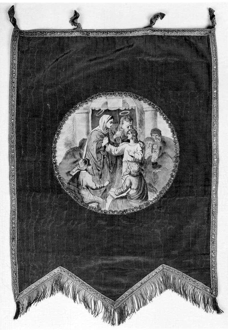 disputa di Gesù con i dottori nel tempio (stendardo, elemento d'insieme) di Ochsner R - manifattura piemontese (fine/inizio secc. XIX/ XX)