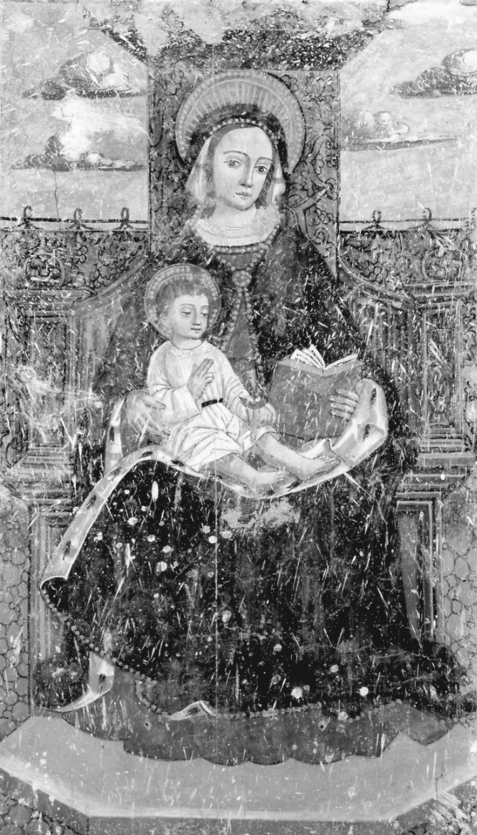 Madonna con Bambino in trono (dipinto, opera isolata) di Maestro di Volvera (maniera) (primo quarto sec. XVI)