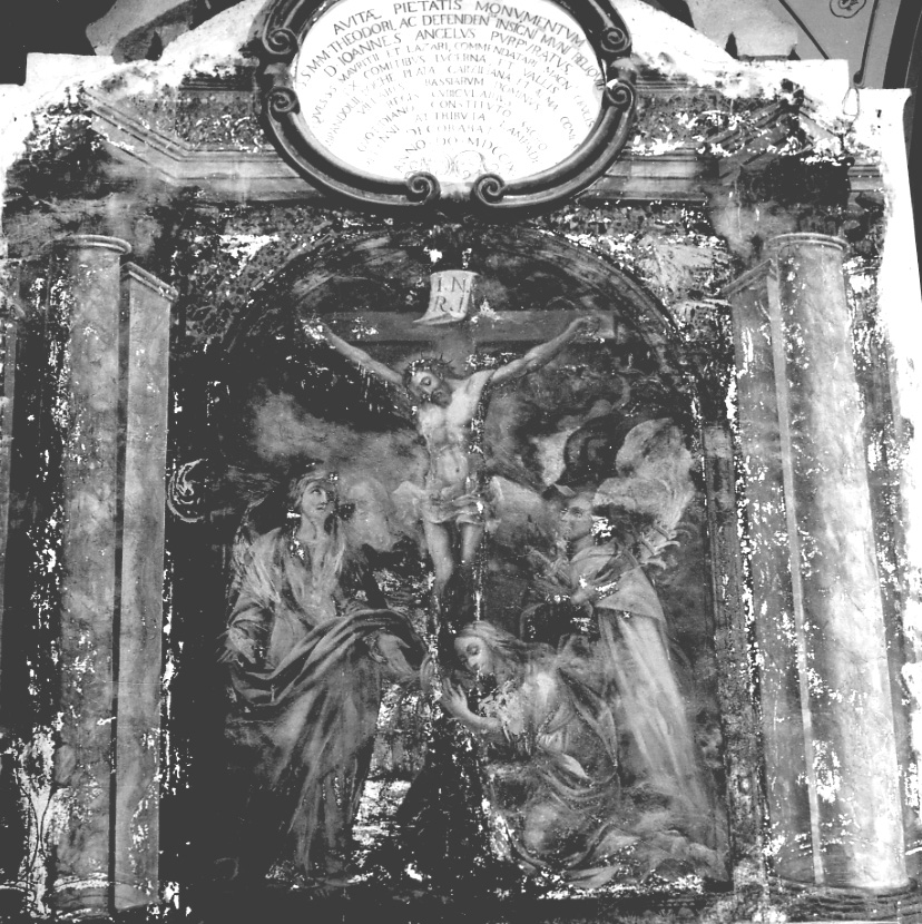 crocifissione di Cristo con la Madonna, San Giovanni Evangelista, Santa Maria Maddalena e Sant'Angelo carmelitano (dipinto, opera isolata) - ambito piemontese (seconda metà sec. XVII)