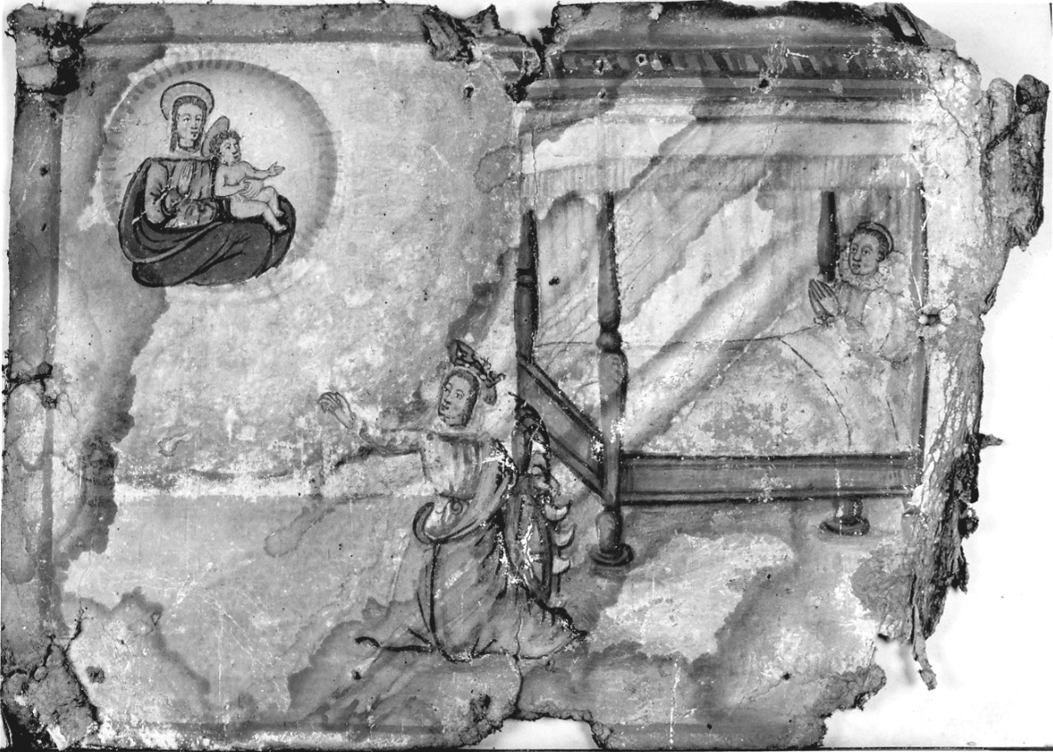 Madonna con Bambino e Santa Caterina d'Alessandria intercedono per guarigione (ex voto, opera isolata) - ambito piemontese (sec. XVII)
