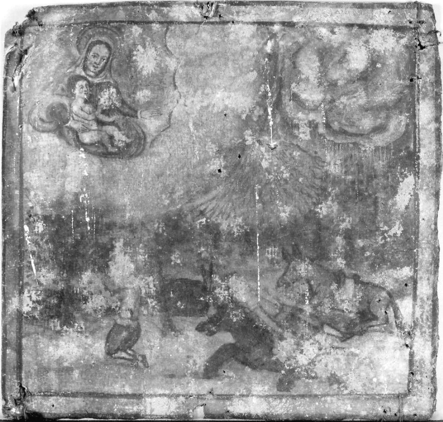 Madonna con Bambino interviene durante eruzione vulcanica (ex voto, opera isolata) - ambito piemontese (sec. XVII)